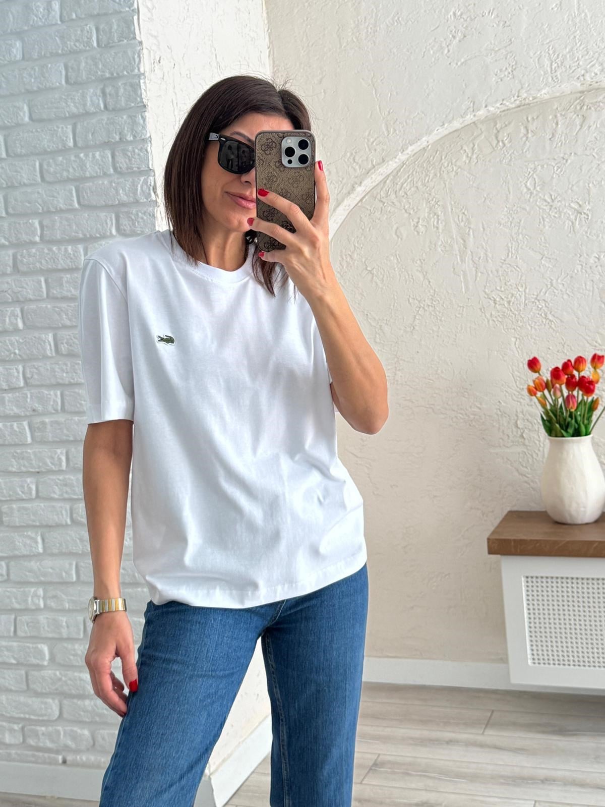 Bisiklet Yaka Nakışlı Pamuklu Tişört Beyaz