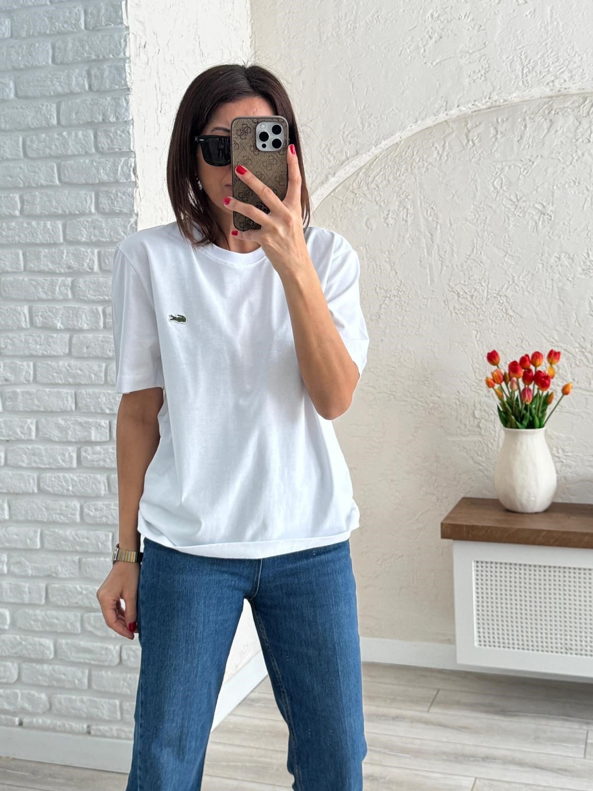 Bisiklet Yaka Nakışlı Pamuklu Tişört Beyaz
