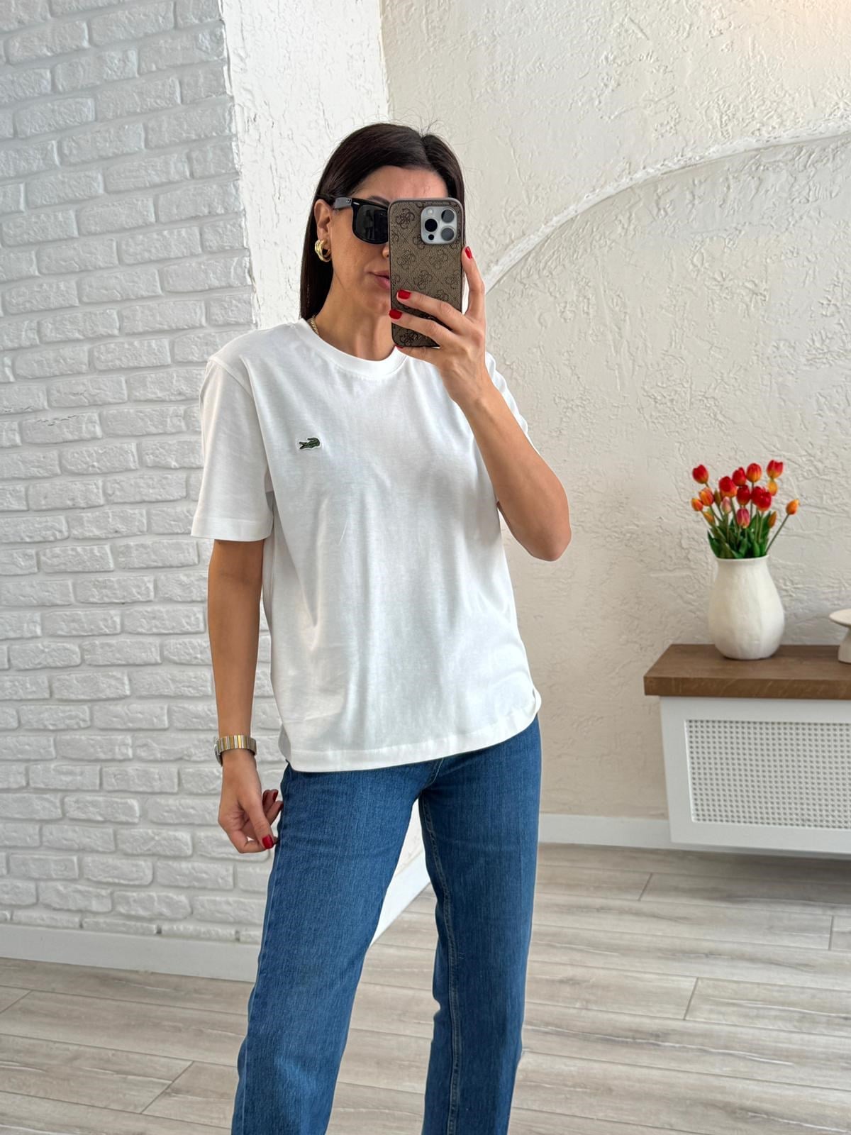 Bisiklet Yaka Nakışlı Pamuklu Tişört Ekru