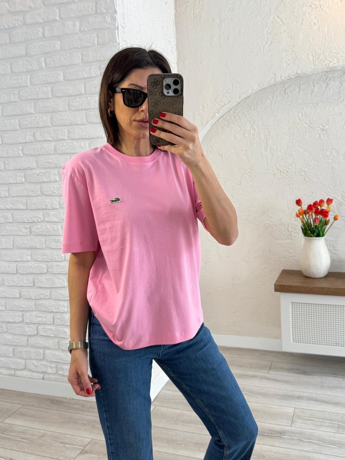 Bisiklet Yaka Nakışlı Pamuklu Tişört Pembe