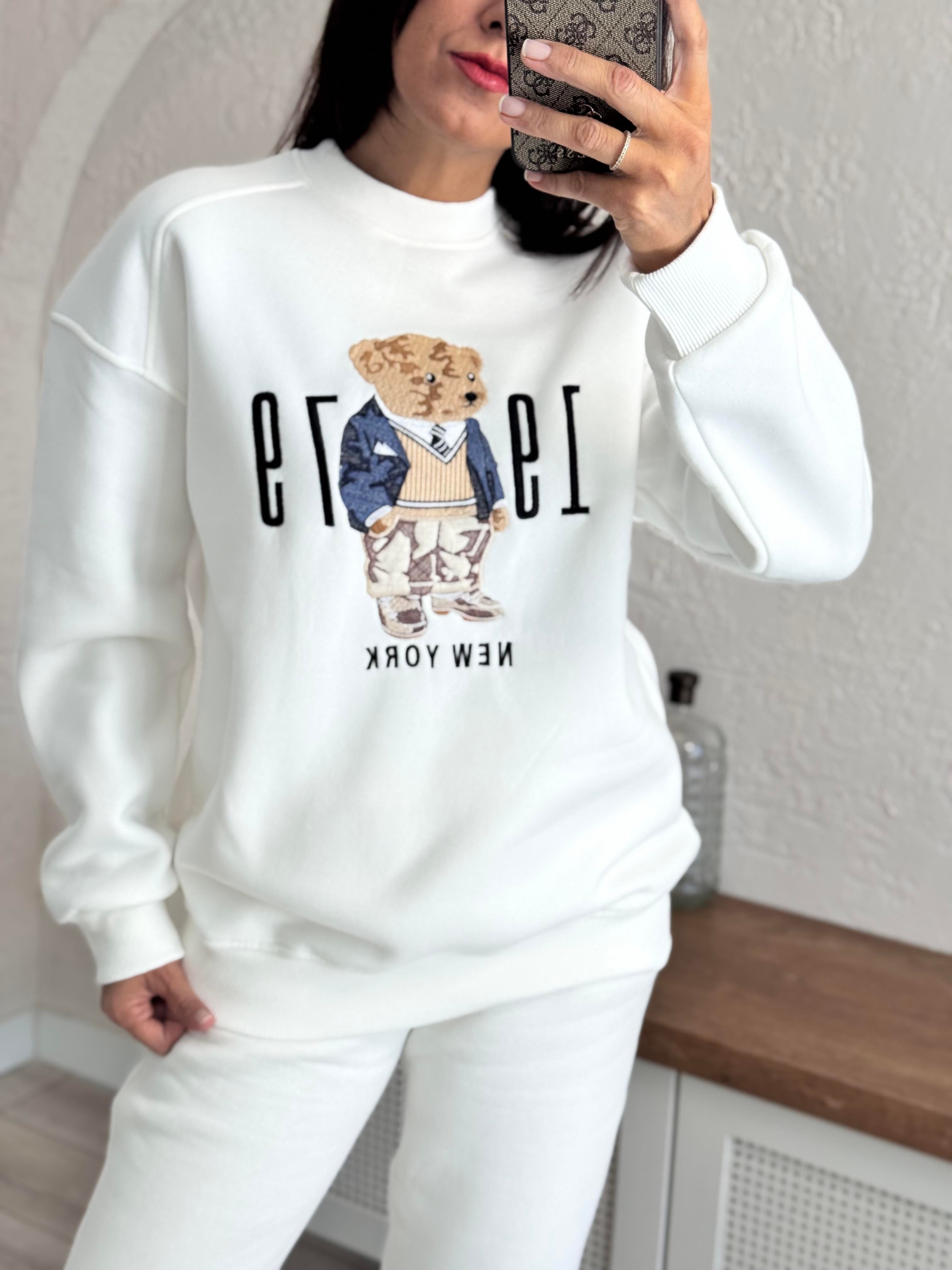 Bisiklet Yaka Newyork Baskı Beyaz Sweat 
