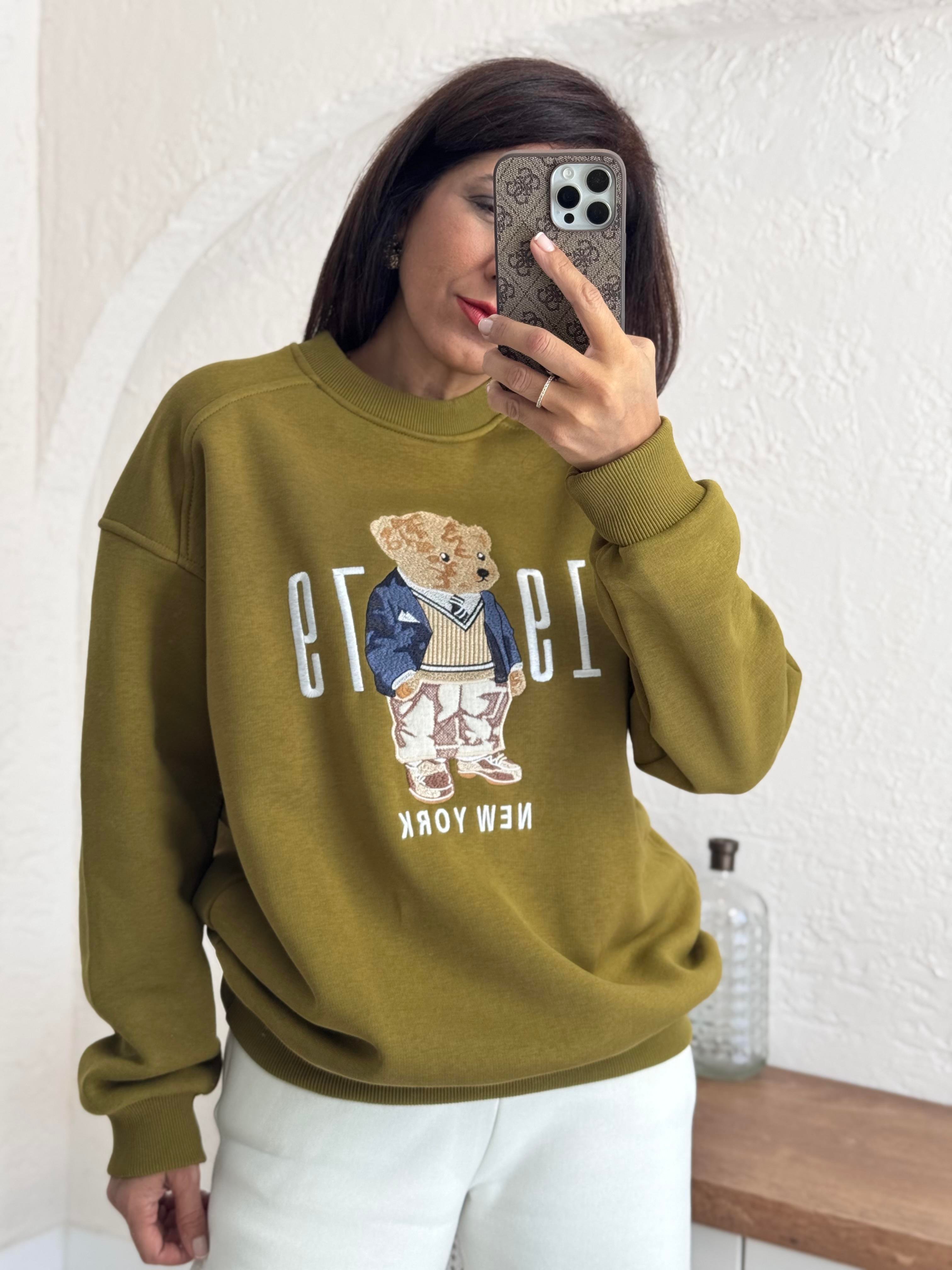 Bisiklet Yaka Newyork Baskı Yağ yeşili Sweat