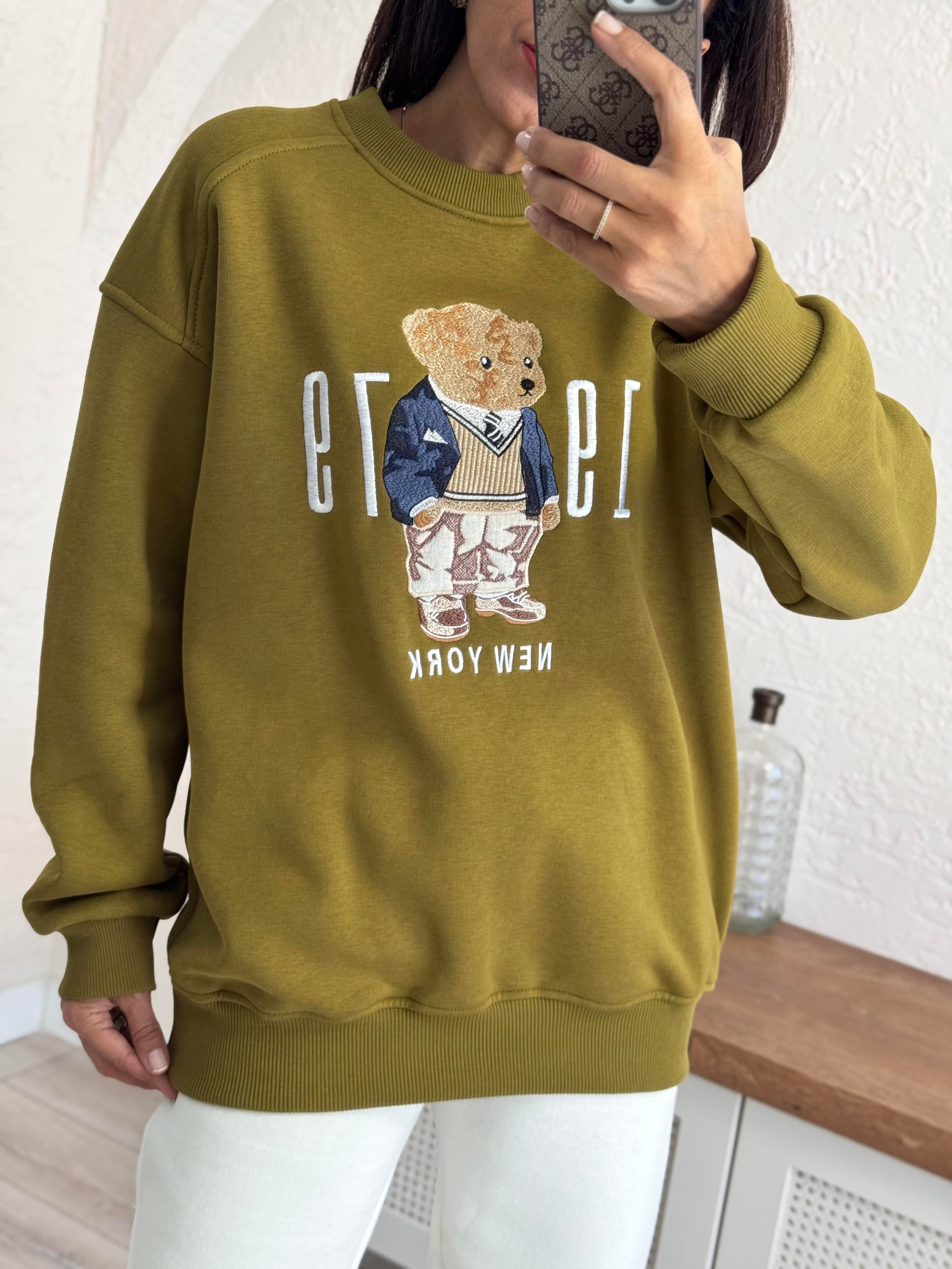 Bisiklet Yaka Newyork Baskı Yağ yeşili Sweat