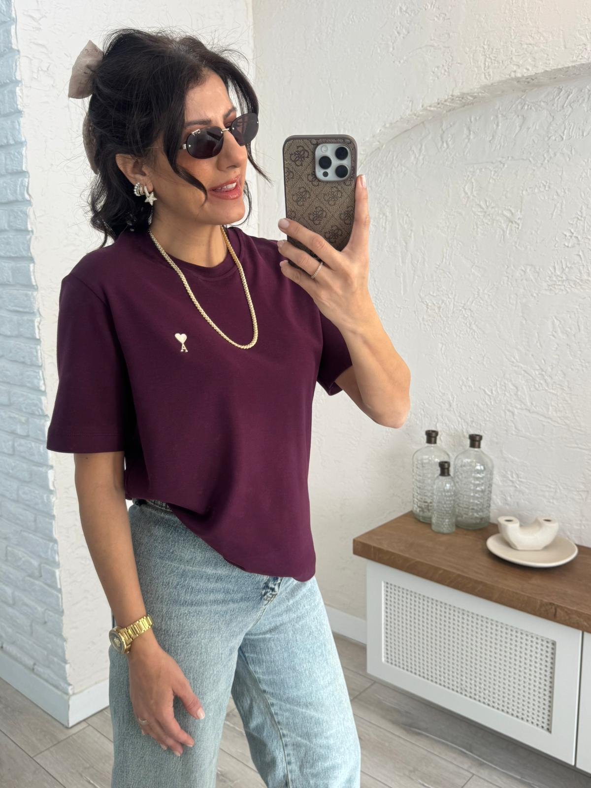 Bisiklet yaka Ön amblemli tshirt Bordo