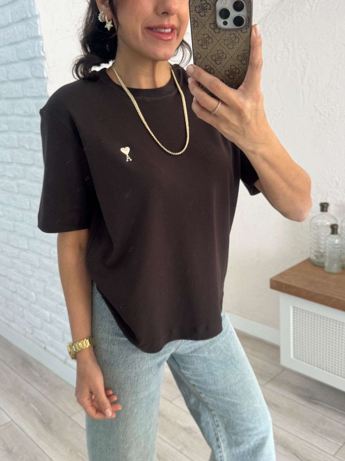 Bisiklet yaka Ön amblemli tshirt Kahve