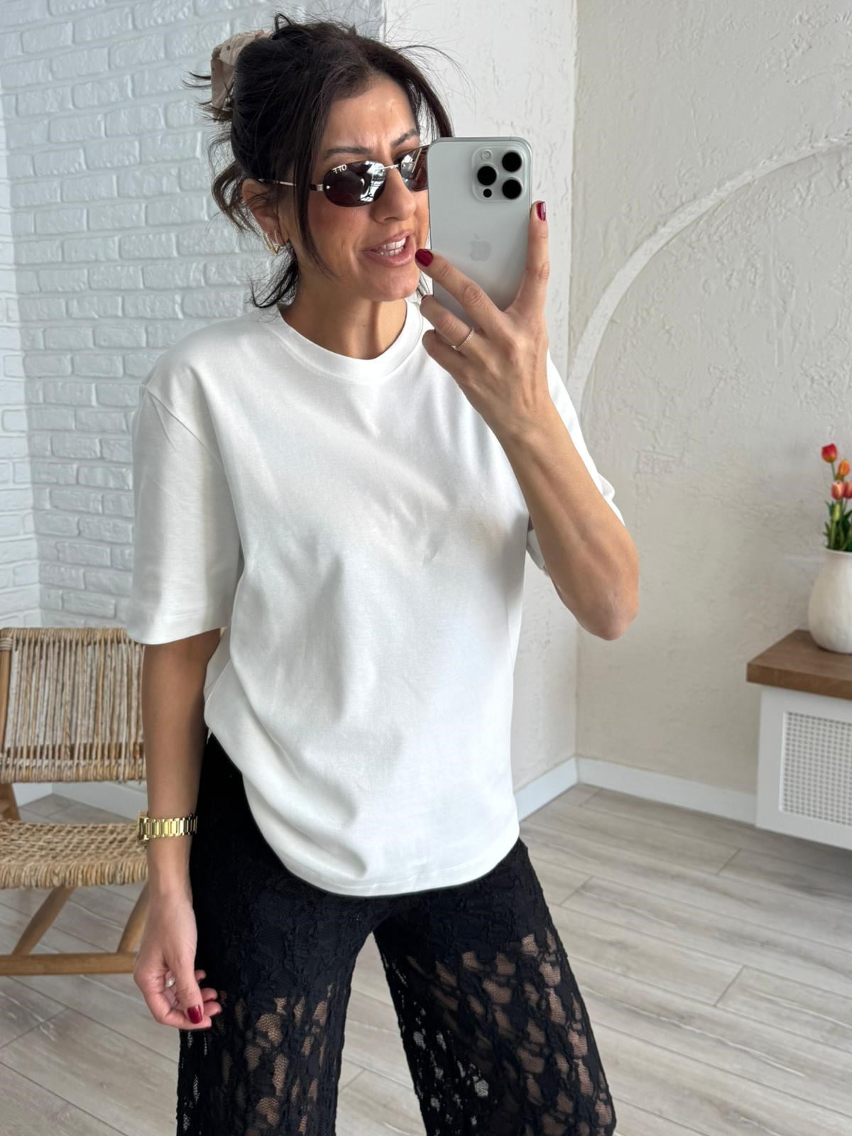 Bisiklet Yaka Pamuklu Tok Kumaş Tshirt Ekru