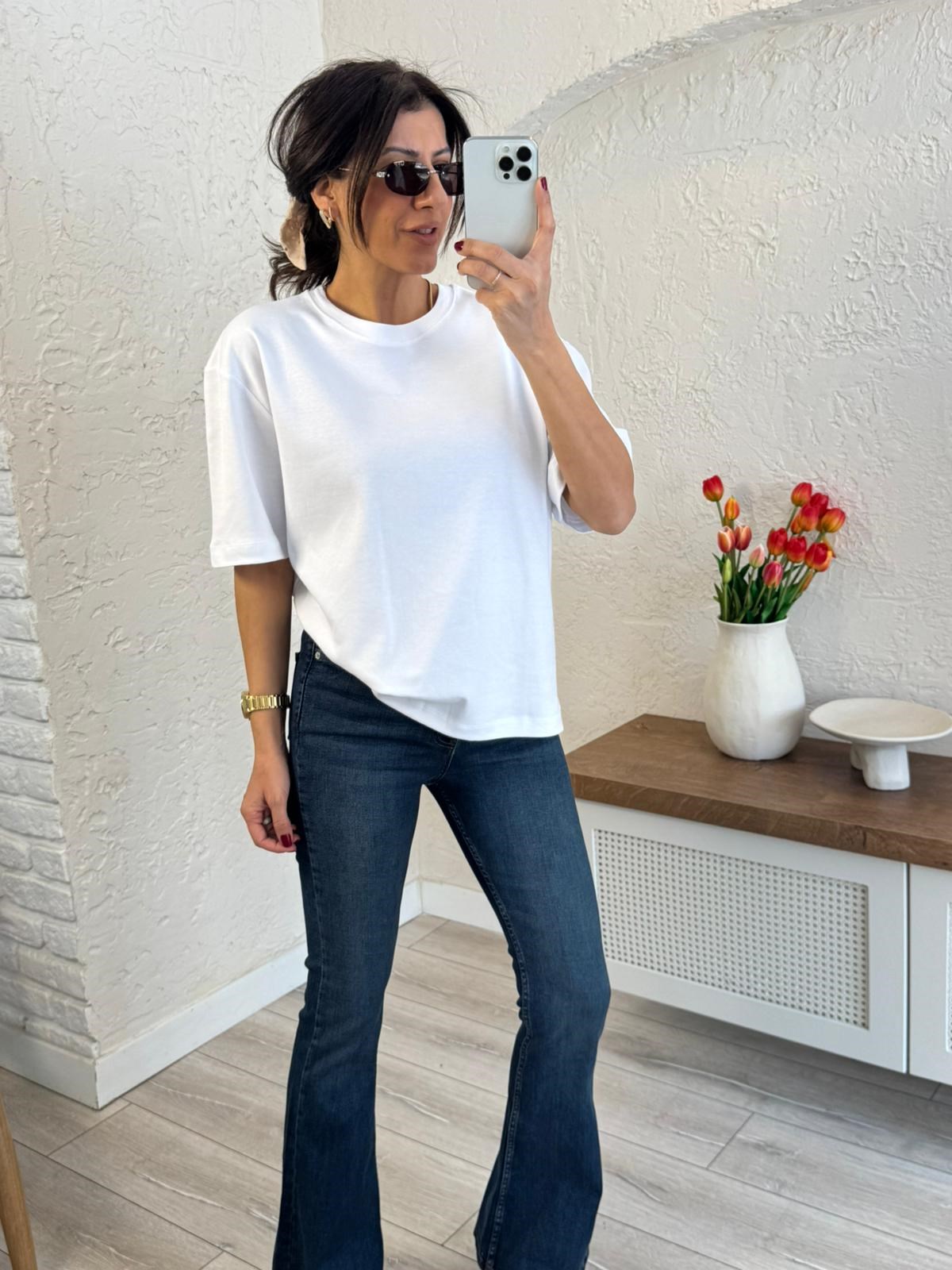 Bisiklet Yaka Pamuklu Tok Kumaş Tshirt Beyaz