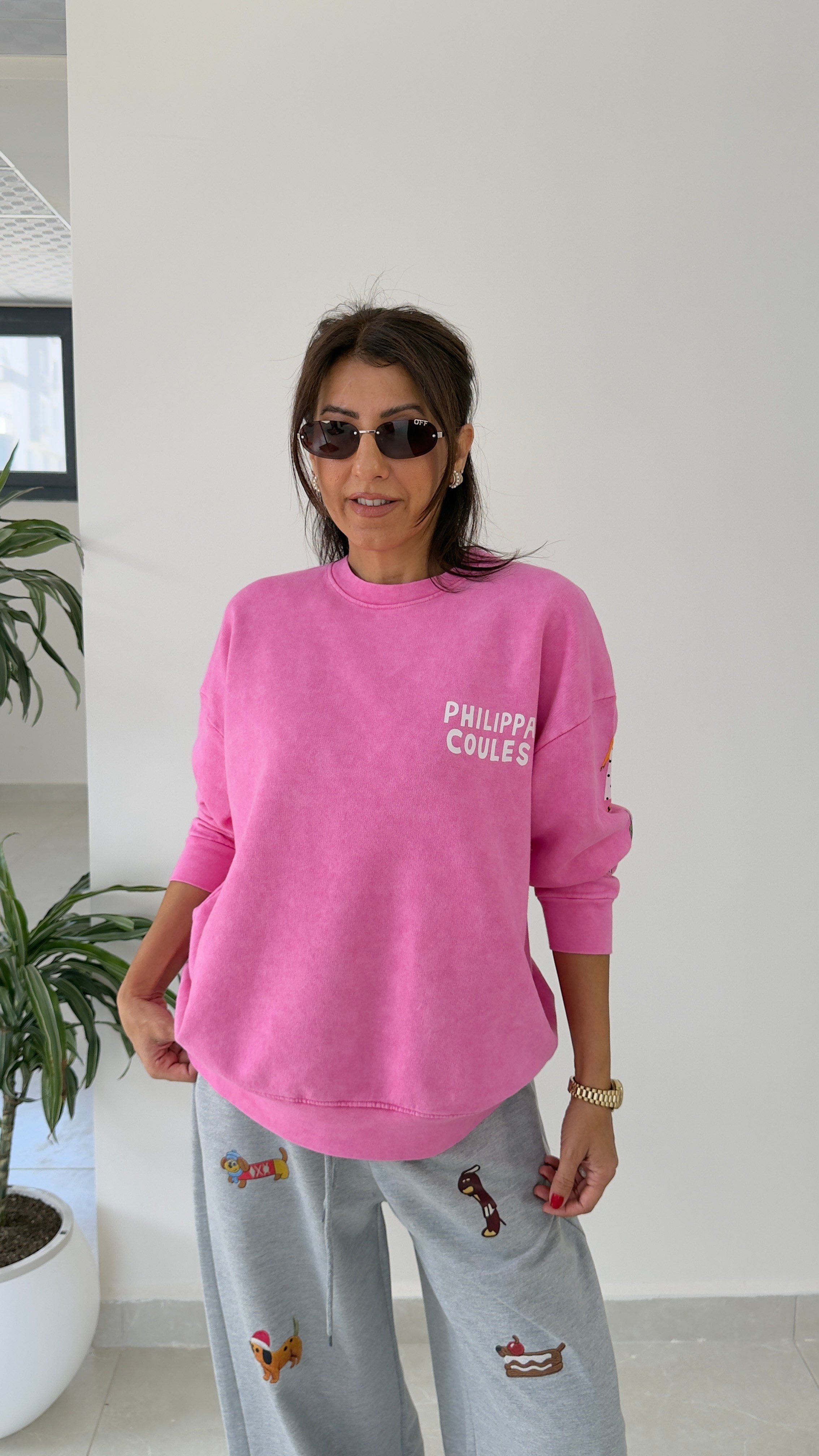 Bisiklet Yaka Sırt Ve Kol Baskı Philippa Coules Eskitme Sweat Pembe