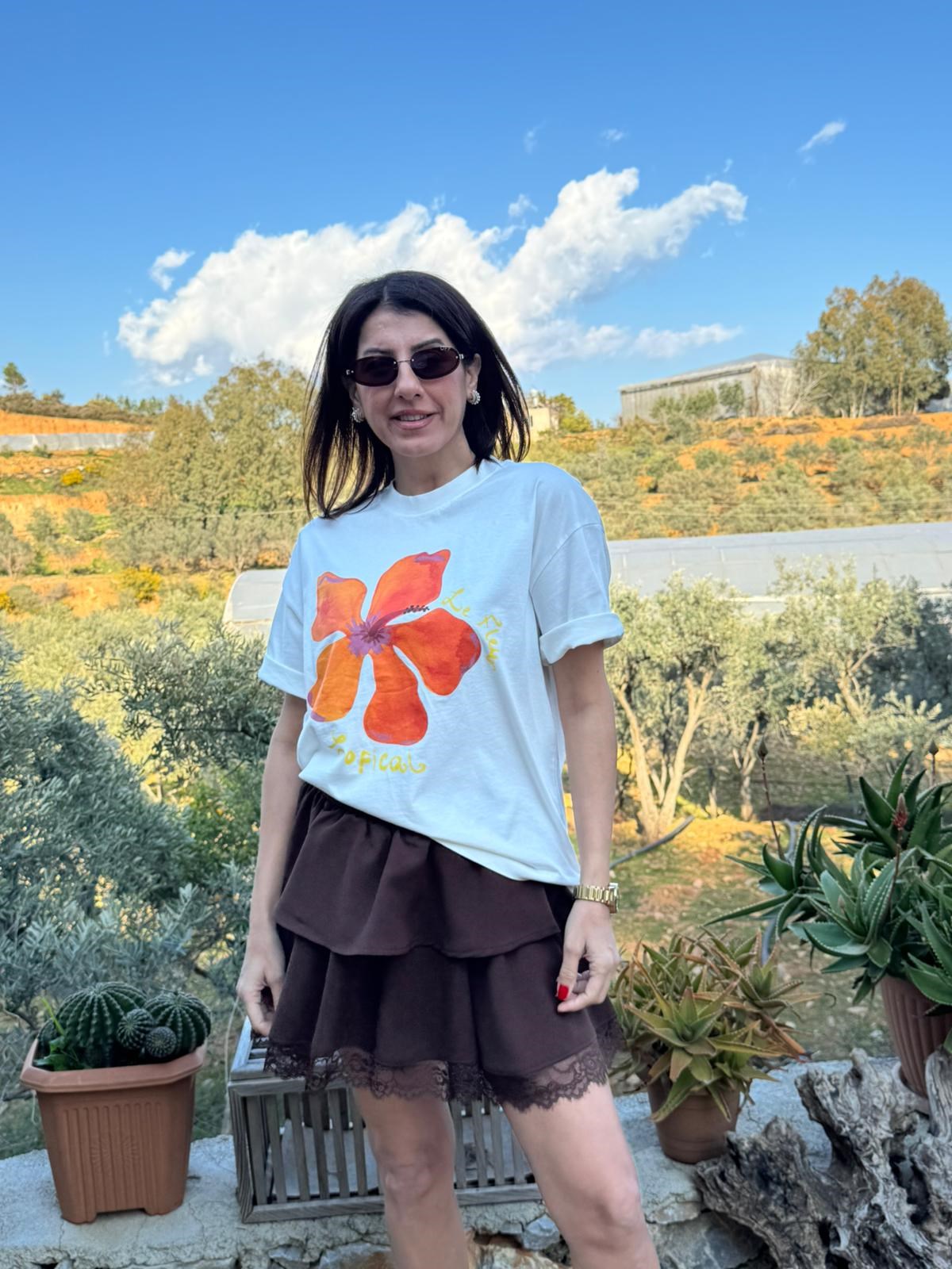 Bisiklet Yaka Tropical Çiçek Baskı Oversıze Tişört Ekru