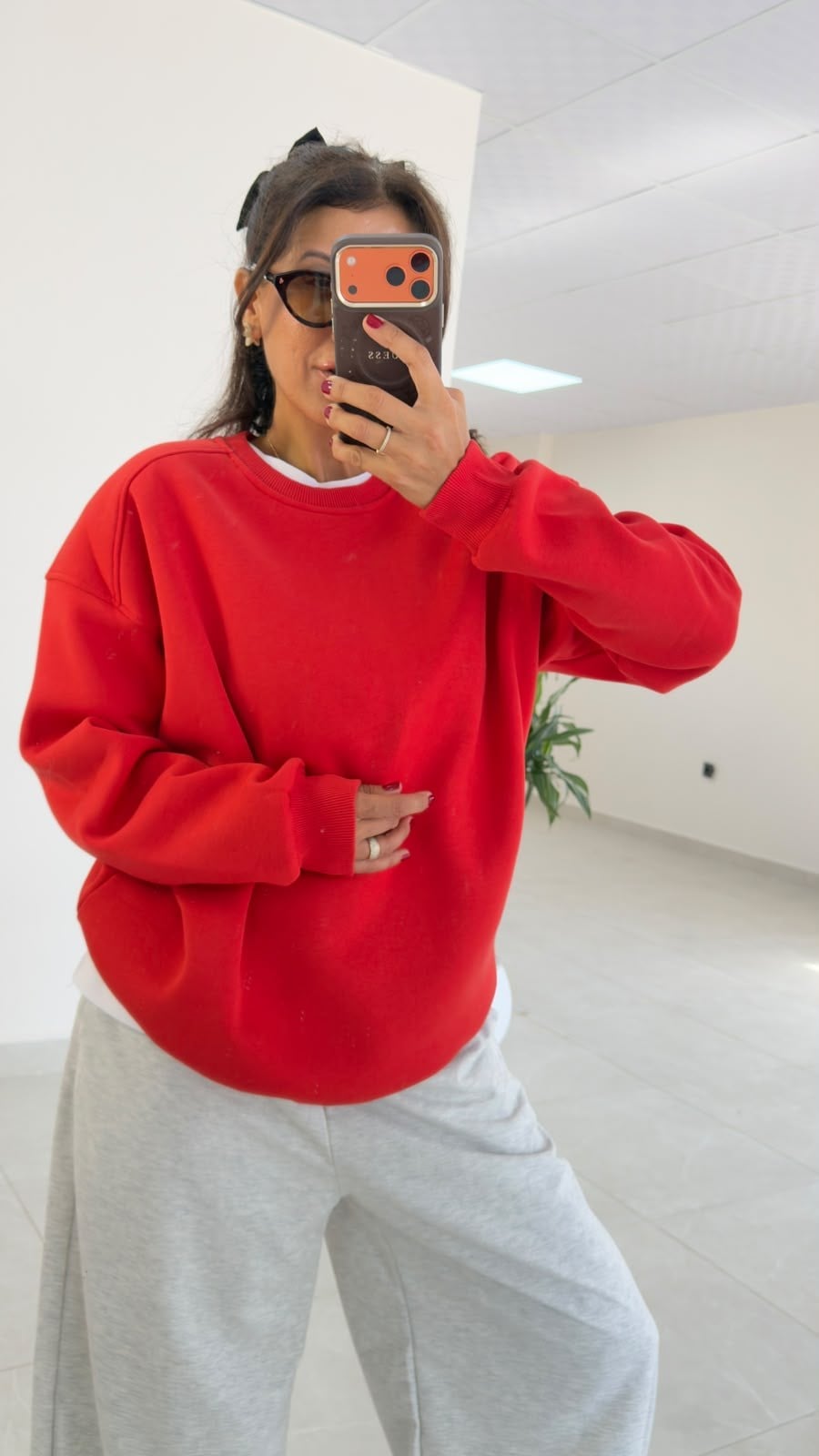 Bisiklet Yaka Üç İplik İç Şardonlu Oversıze Sweat Nar Çiçeği