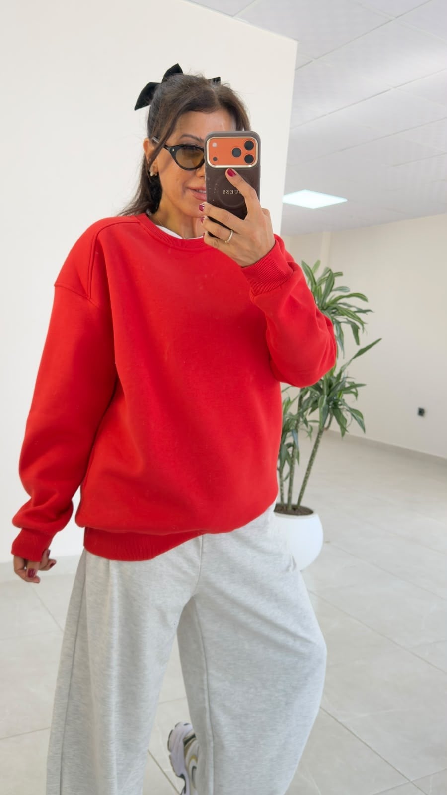 Bisiklet Yaka Üç İplik İç Şardonlu Oversıze Sweat Nar Çiçeği