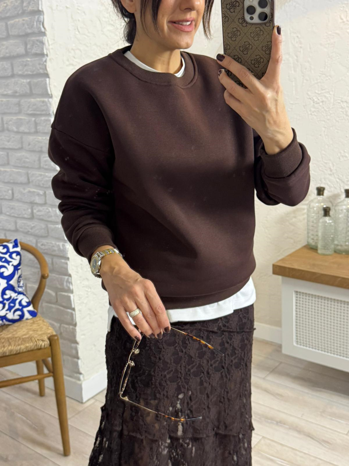 Bisiklet Yaka Üç İplik Şardonlu Sweat  Kahve