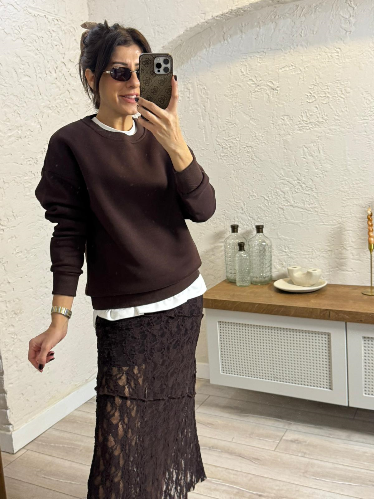 Bisiklet Yaka Üç İplik Şardonlu Sweat  Kahve