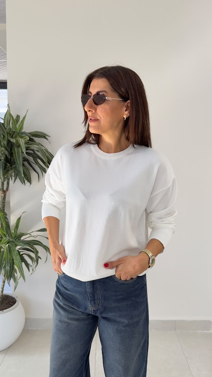 Bisiklet Yaka Uzun Kollu Lüx Triko Ekru