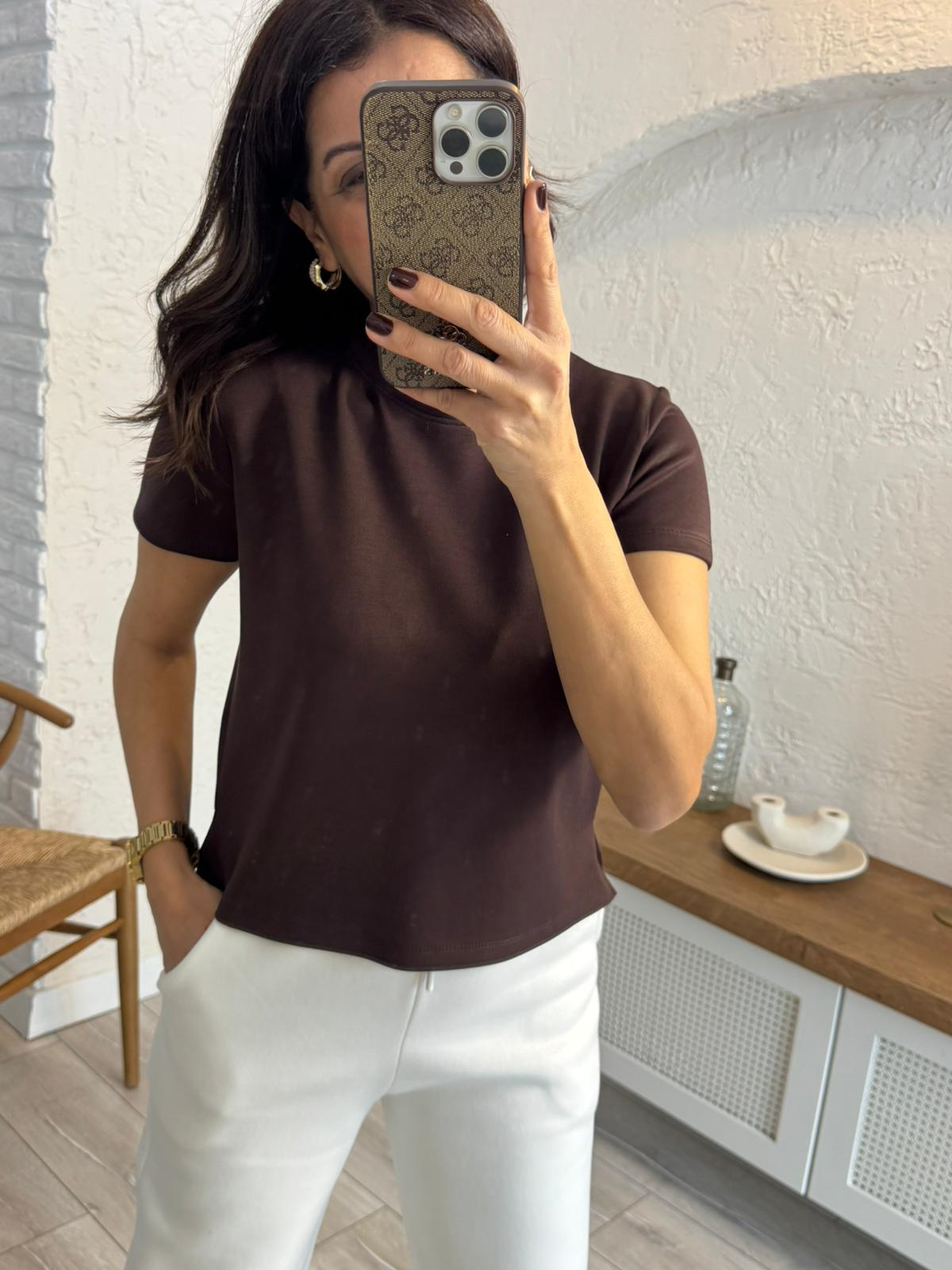 Bisiklet Yaka Yan Yırtmaçlı Crop Tshirt Kahve 