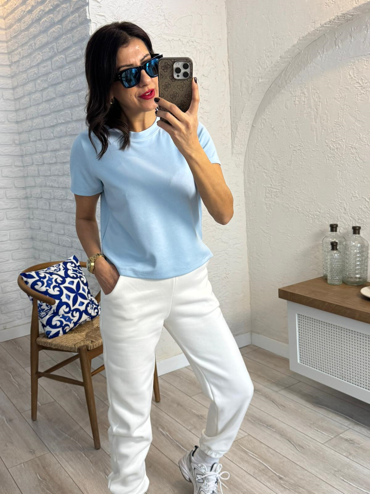 Bisiklet Yaka Yan Yırtmaçlı Crop Tshirt Bebe Mavi 