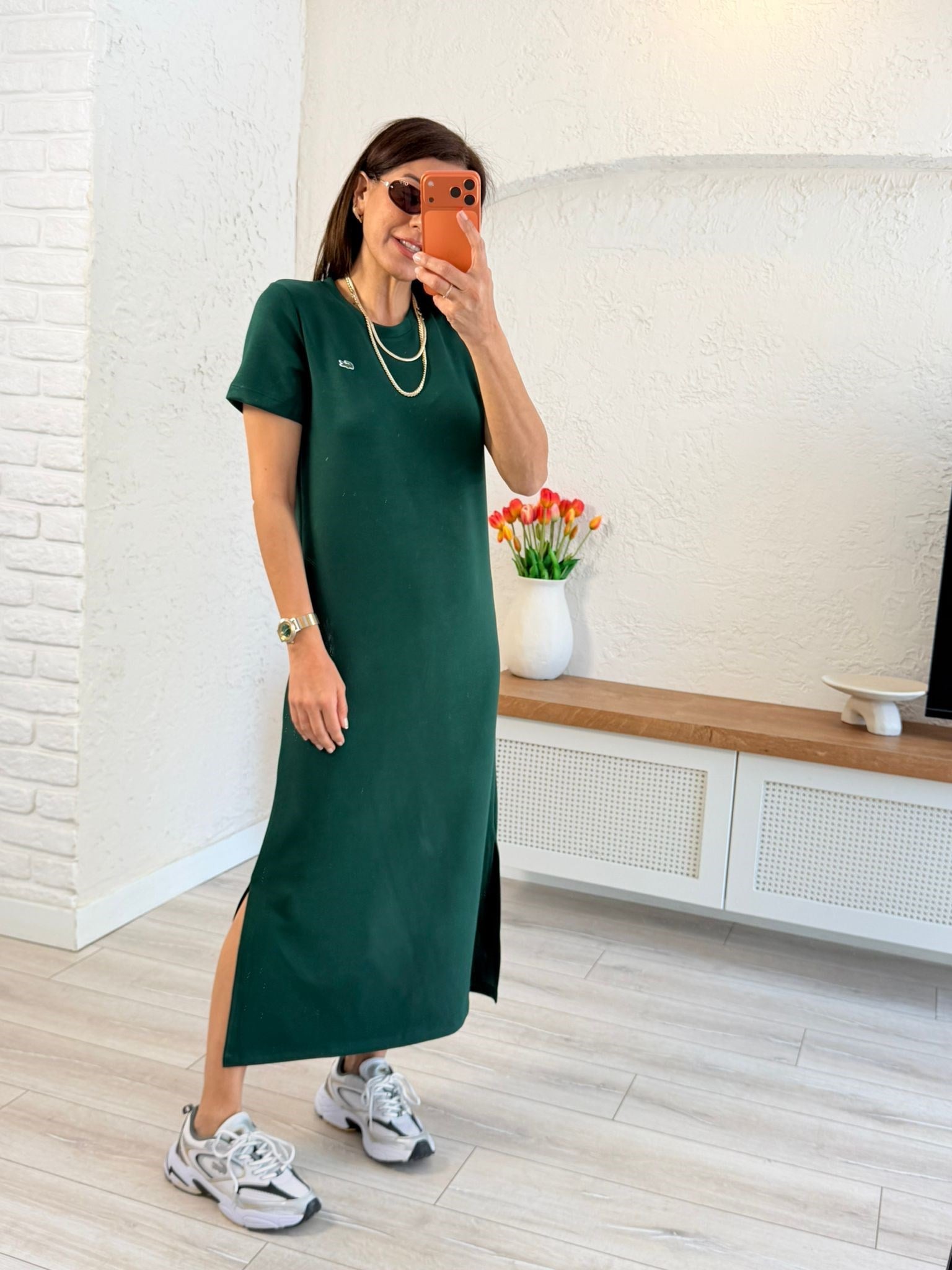 Bisiklet Yaka Yan Yırtmaçlı Modal Elbise Koyu Yeşil