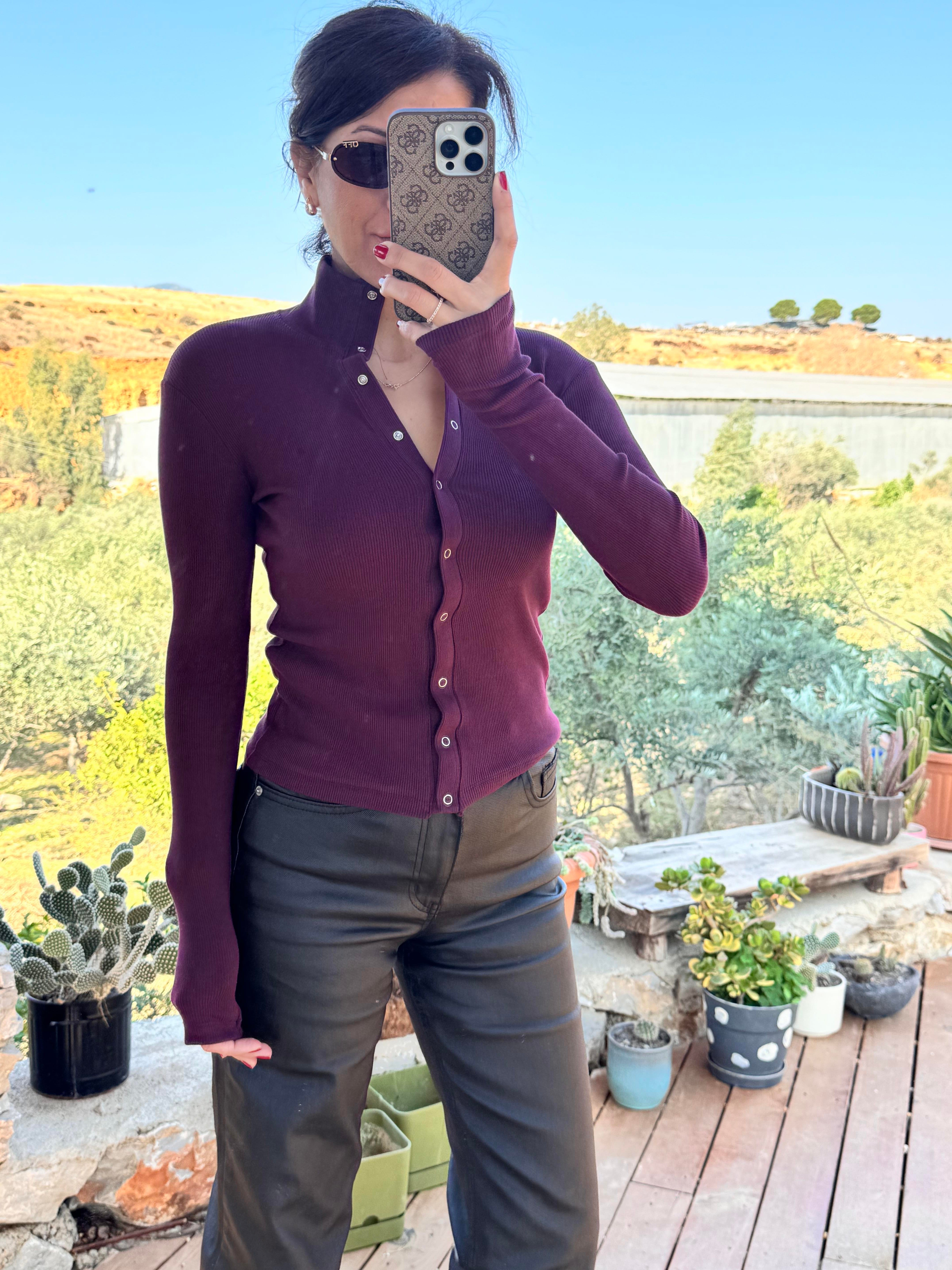 Boğazlı Çıtçıtlı Bluz Bordo
