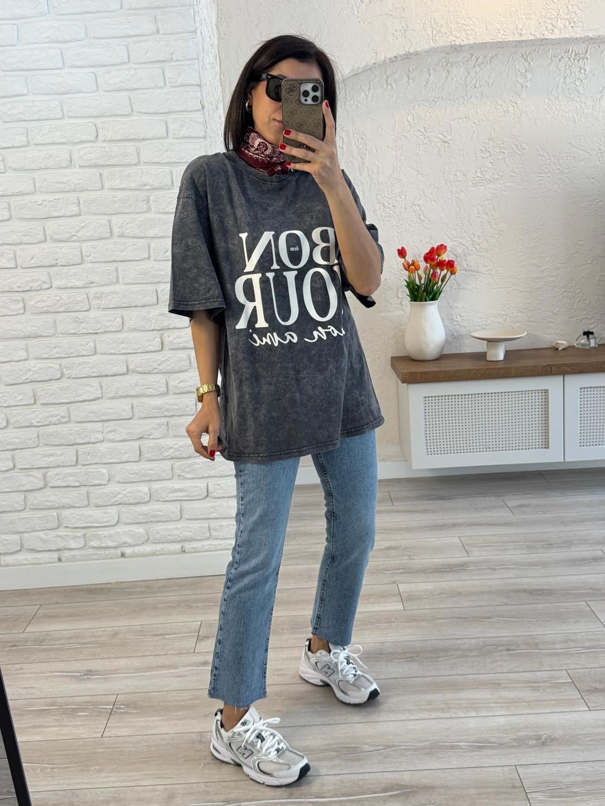 Bonjour Baskılı Oversize Tişört Antrasit 