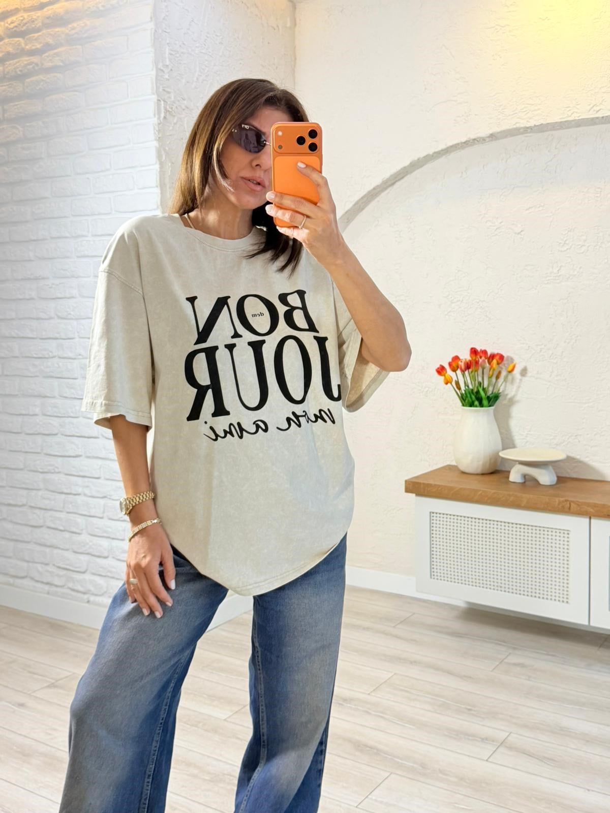 Bonjour Baskılı Oversıze Tişört Eskitme Taş