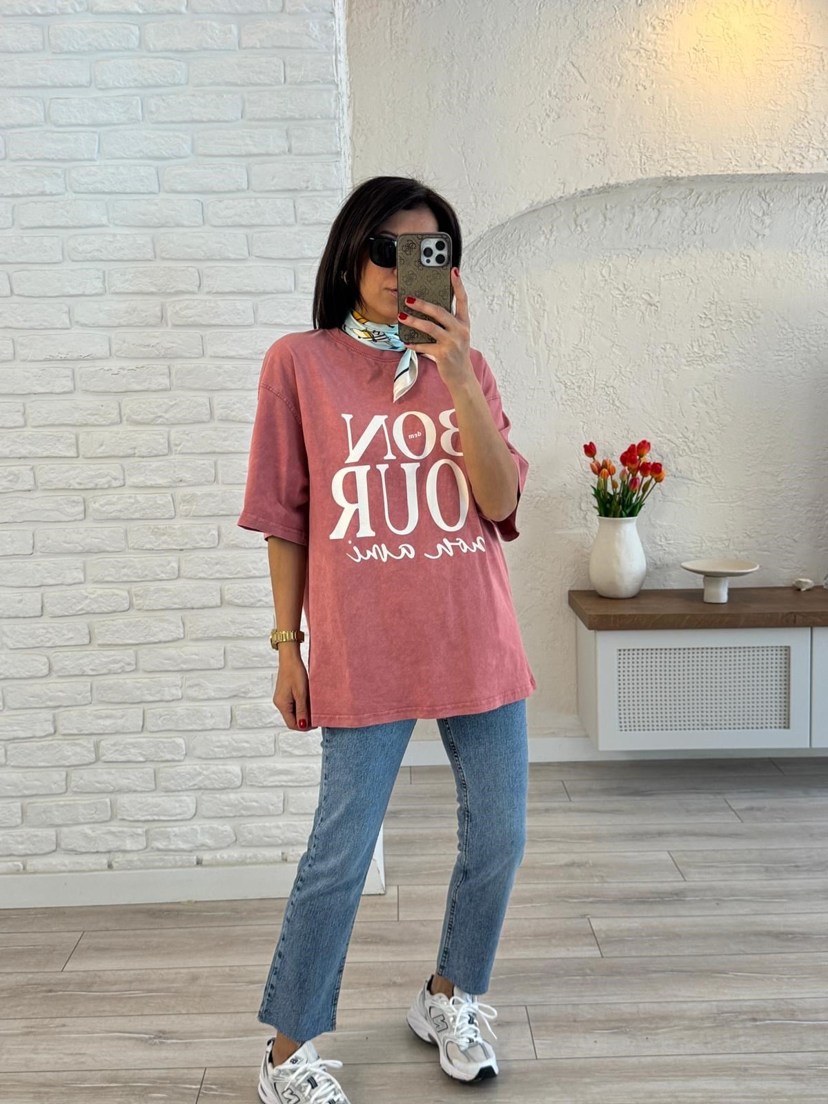 Bonjour Baskılı Oversize Tişört Kiremit