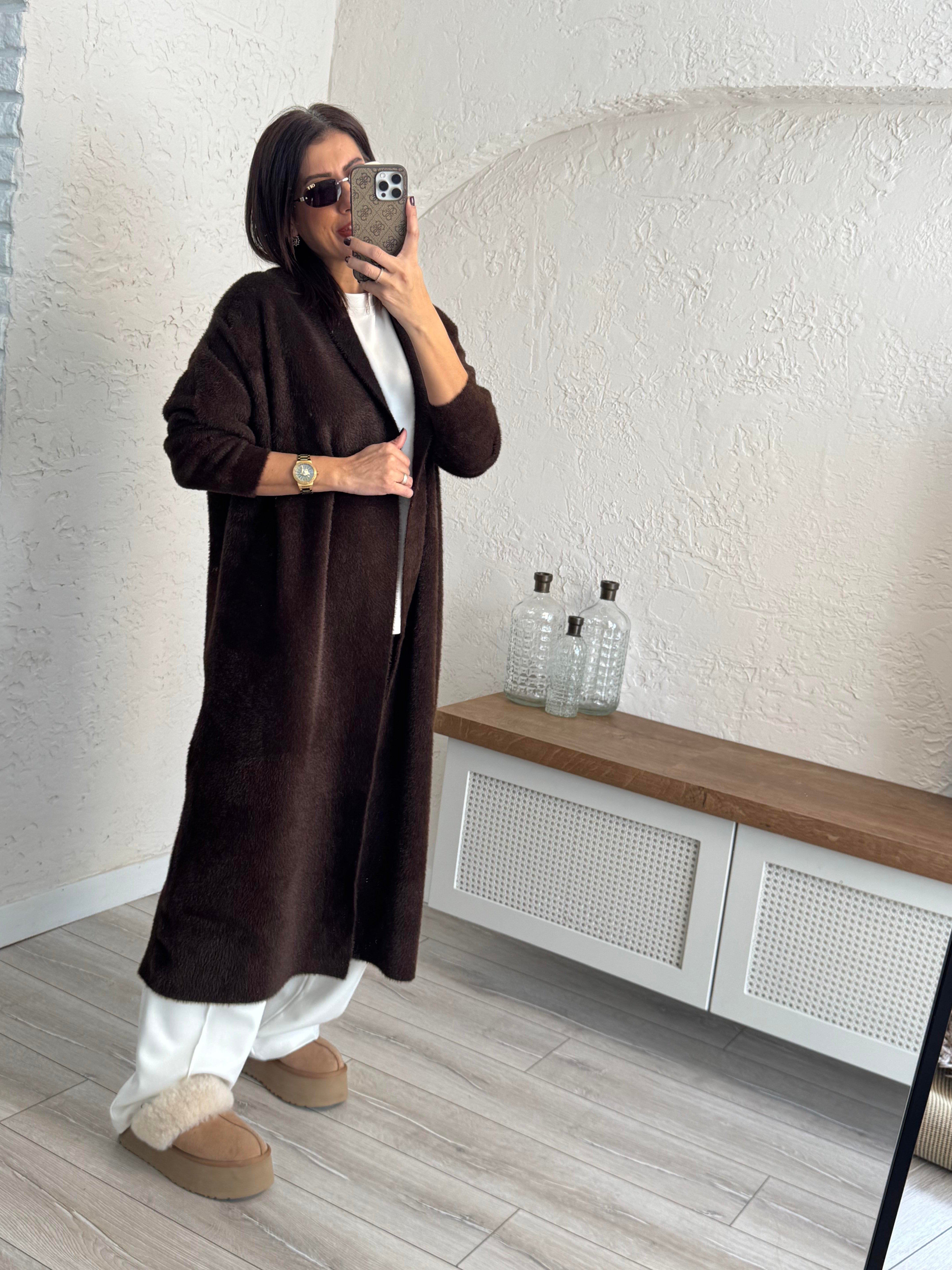 Boydan Sakallı Yün Hırka Kahve