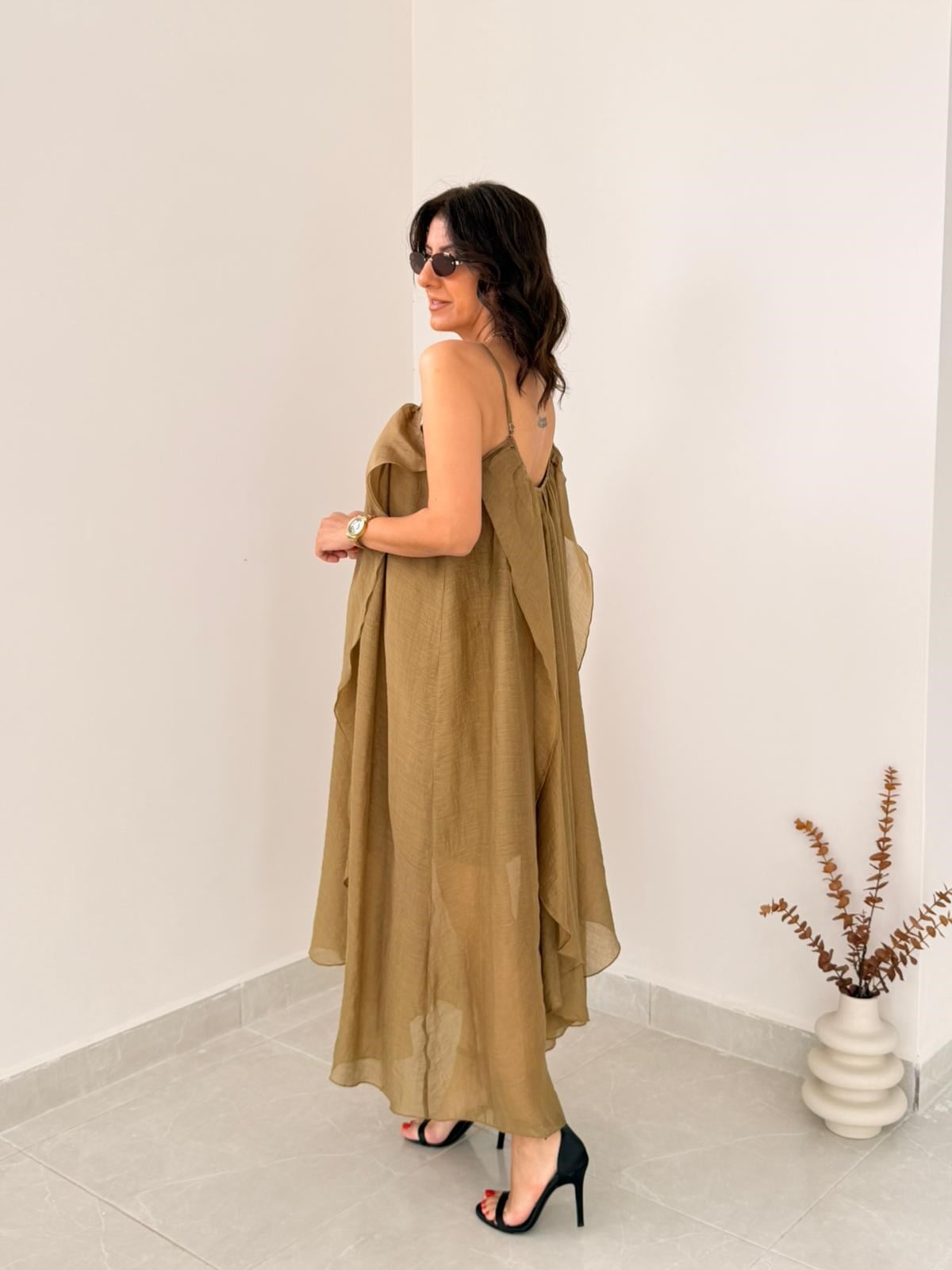 Büzgülü İç Astarlı İnce Askılı Uçuş Elbise Olive