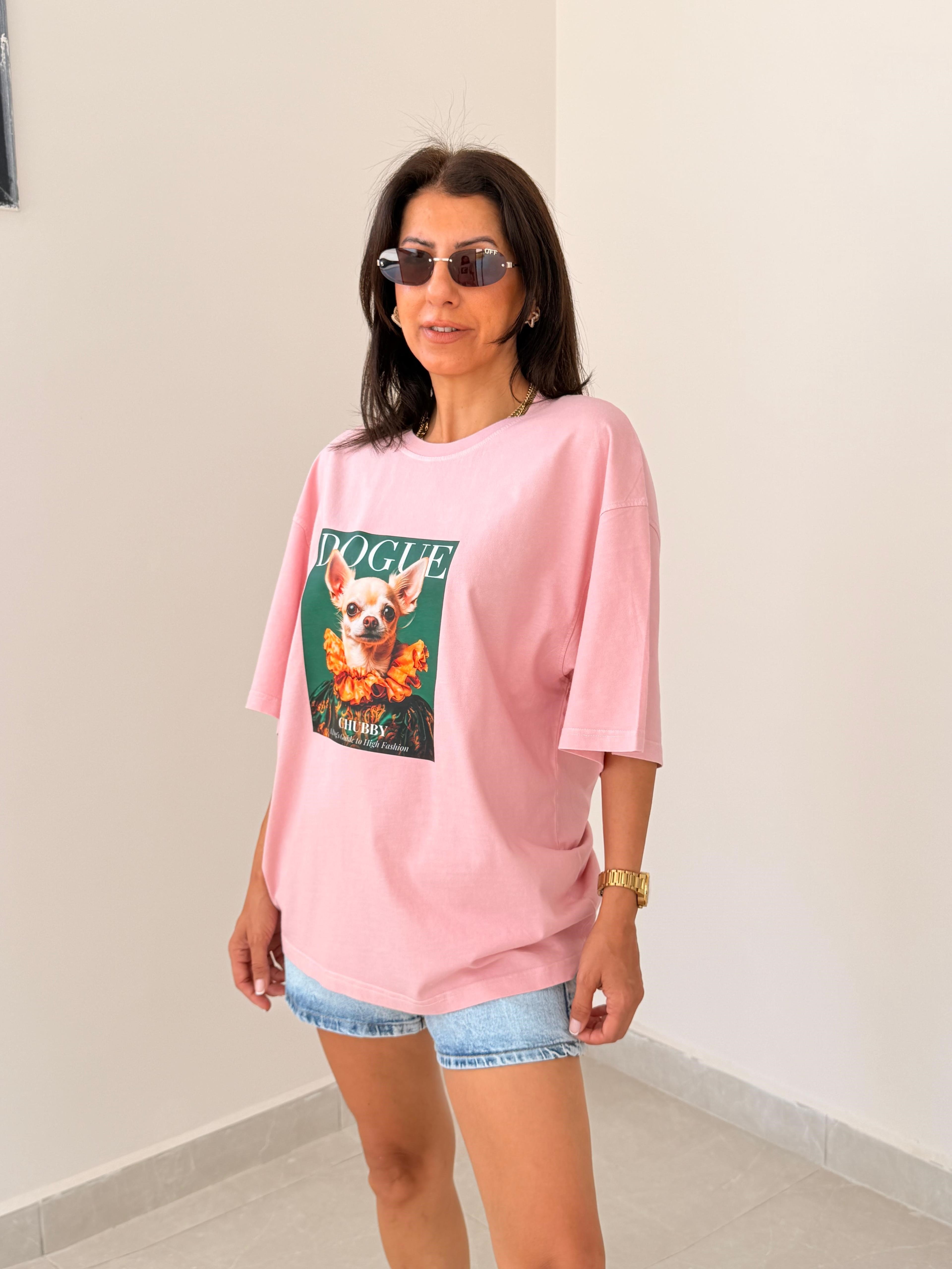 Chubby Baskılı Oversize Tişört Eskitme Pudra