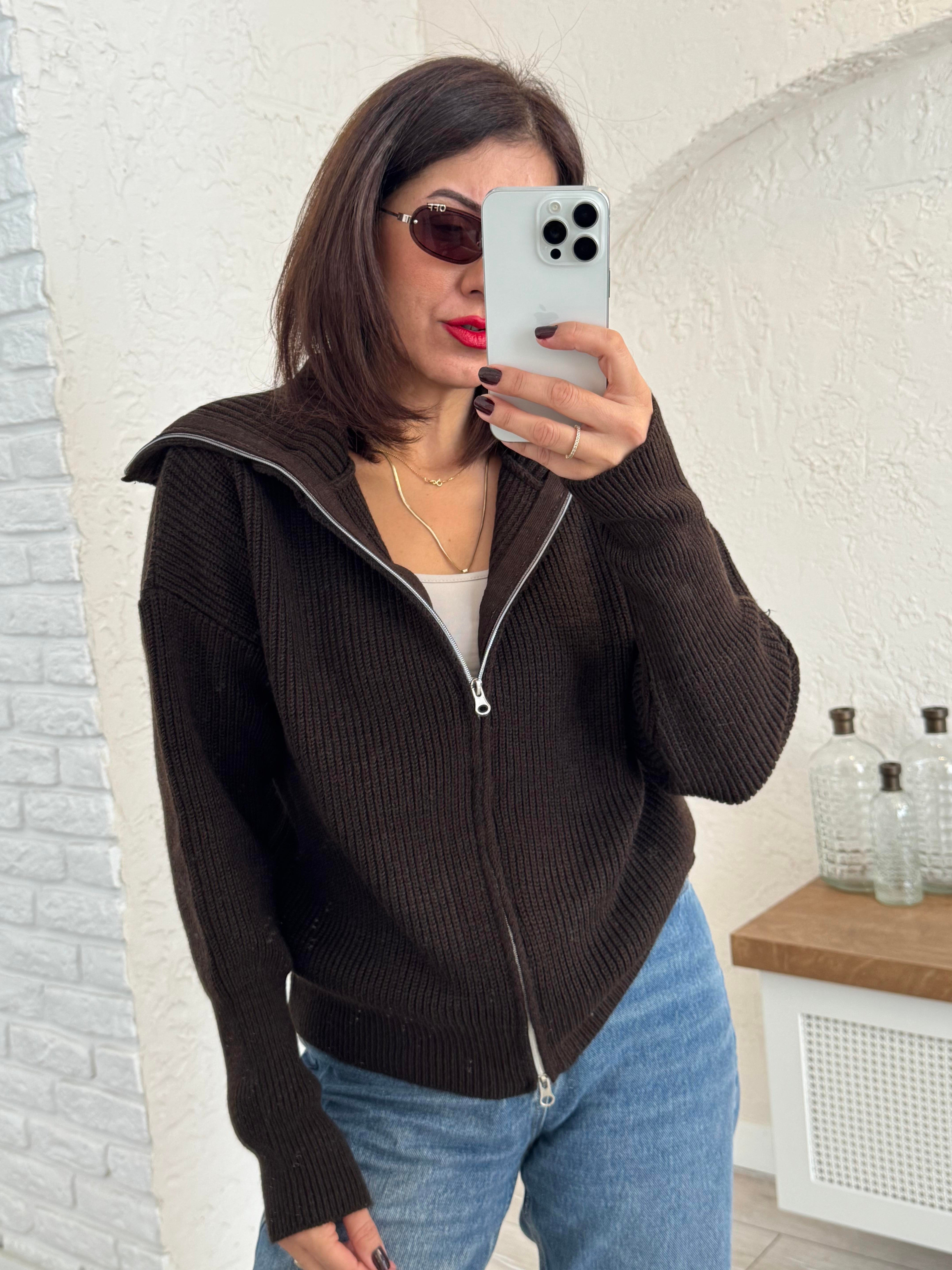 Çift Fermuarlı Triko Hırka Koyu Kahve