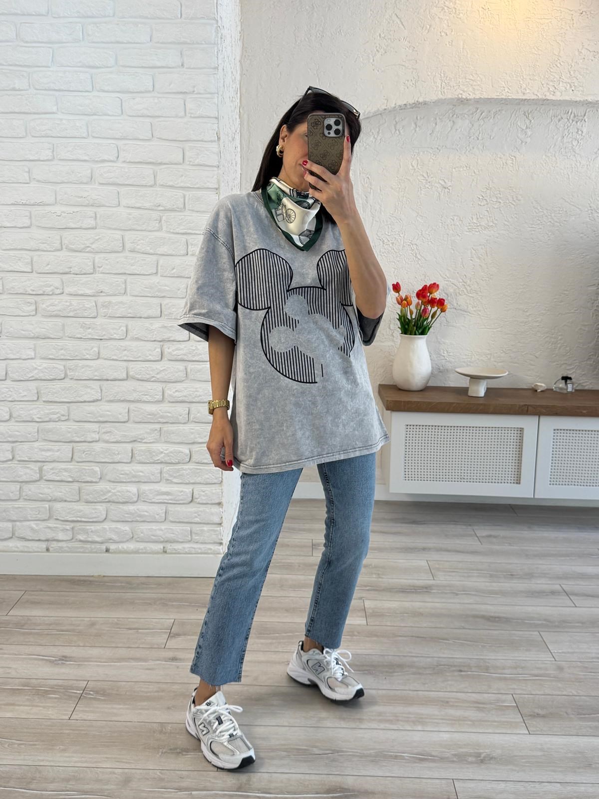 Çizgi Miki Baskılı Oversize Tişört Gri