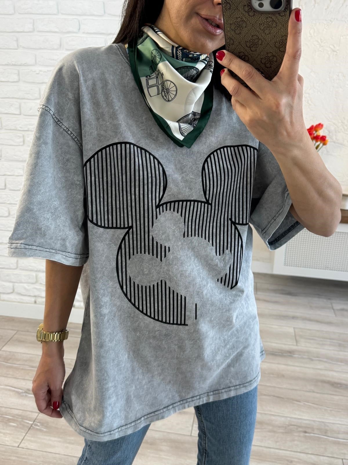 Çizgi Miki Baskılı Oversize Tişört Gri
