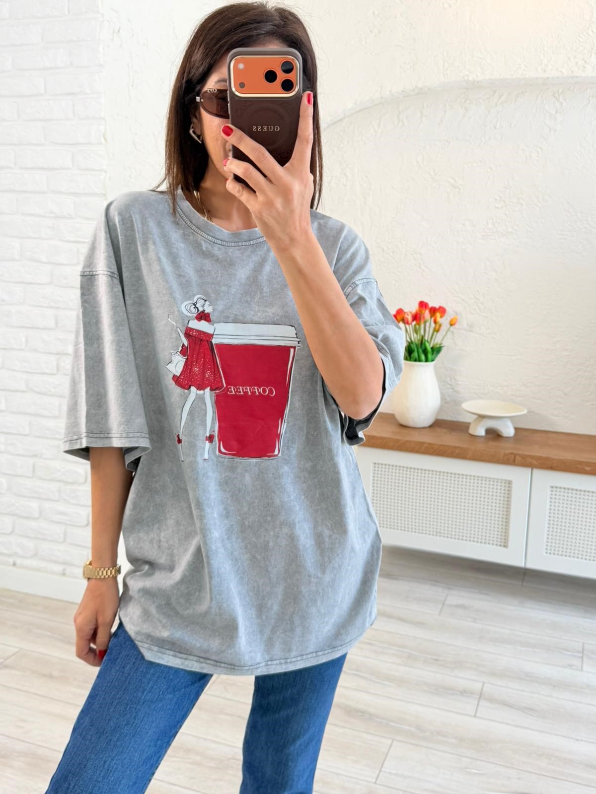 Coffee Baskılı Oversıze Tişört Eskitme Gri