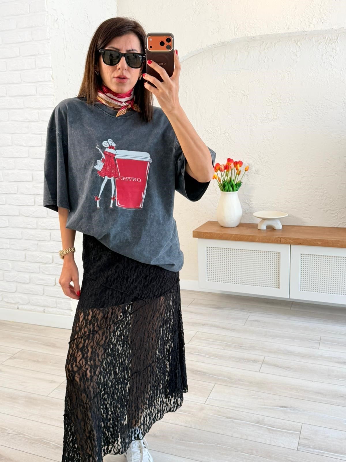 Coffee Baskılı Oversıze Tişört Eskitme Antrasit