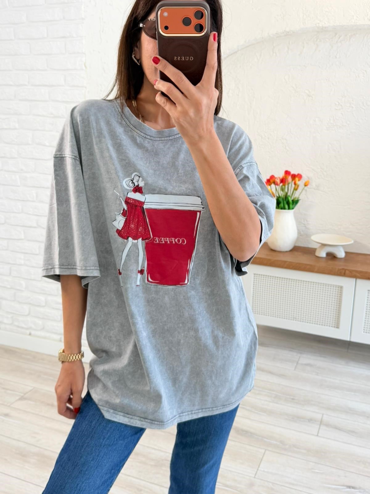 Coffee Baskılı Oversıze Tişört Eskitme Gri