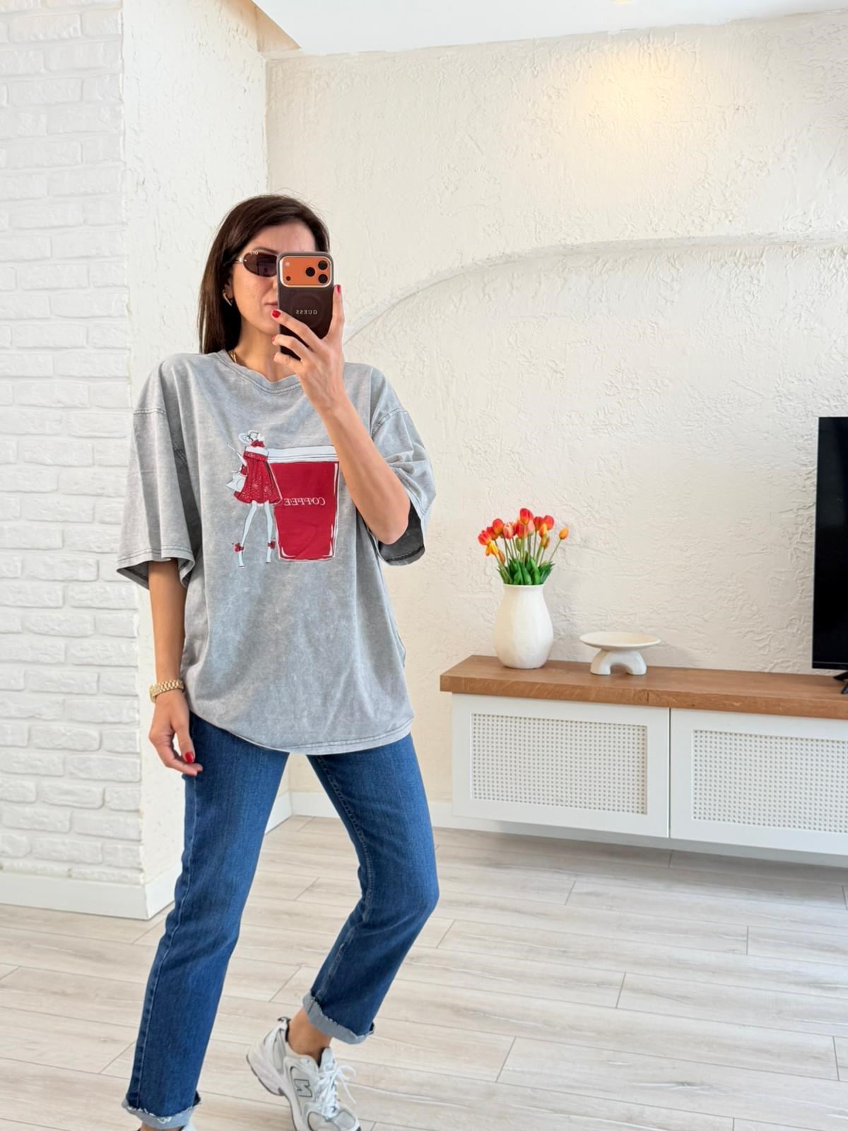 Coffee Baskılı Oversıze Tişört Eskitme Gri