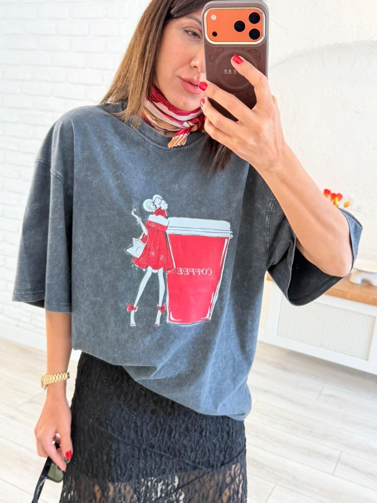 Coffee Baskılı Oversıze Tişört Eskitme Antrasit