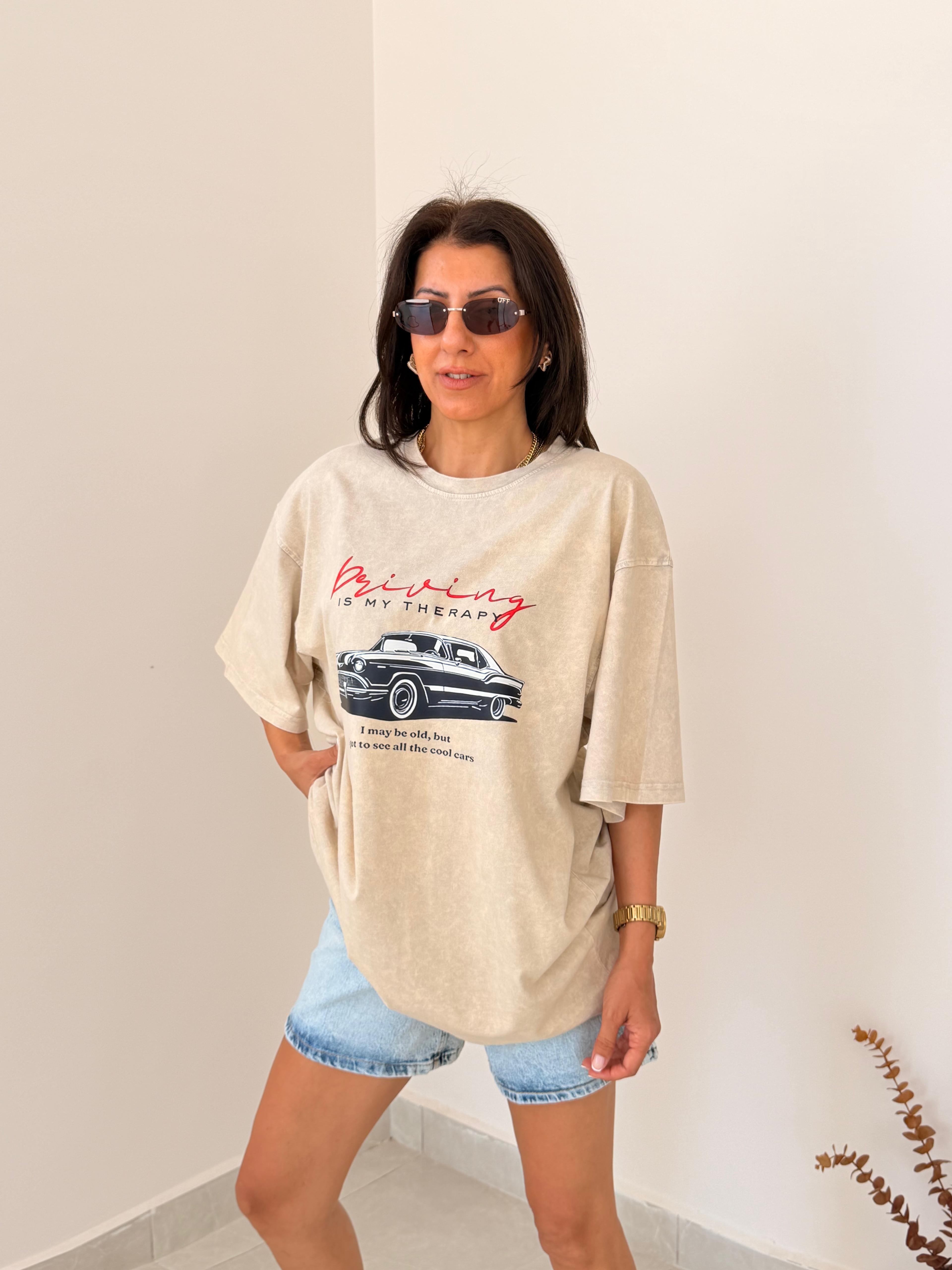 Cool Araba Baskılı Oversize Tişört Eskitme Taş