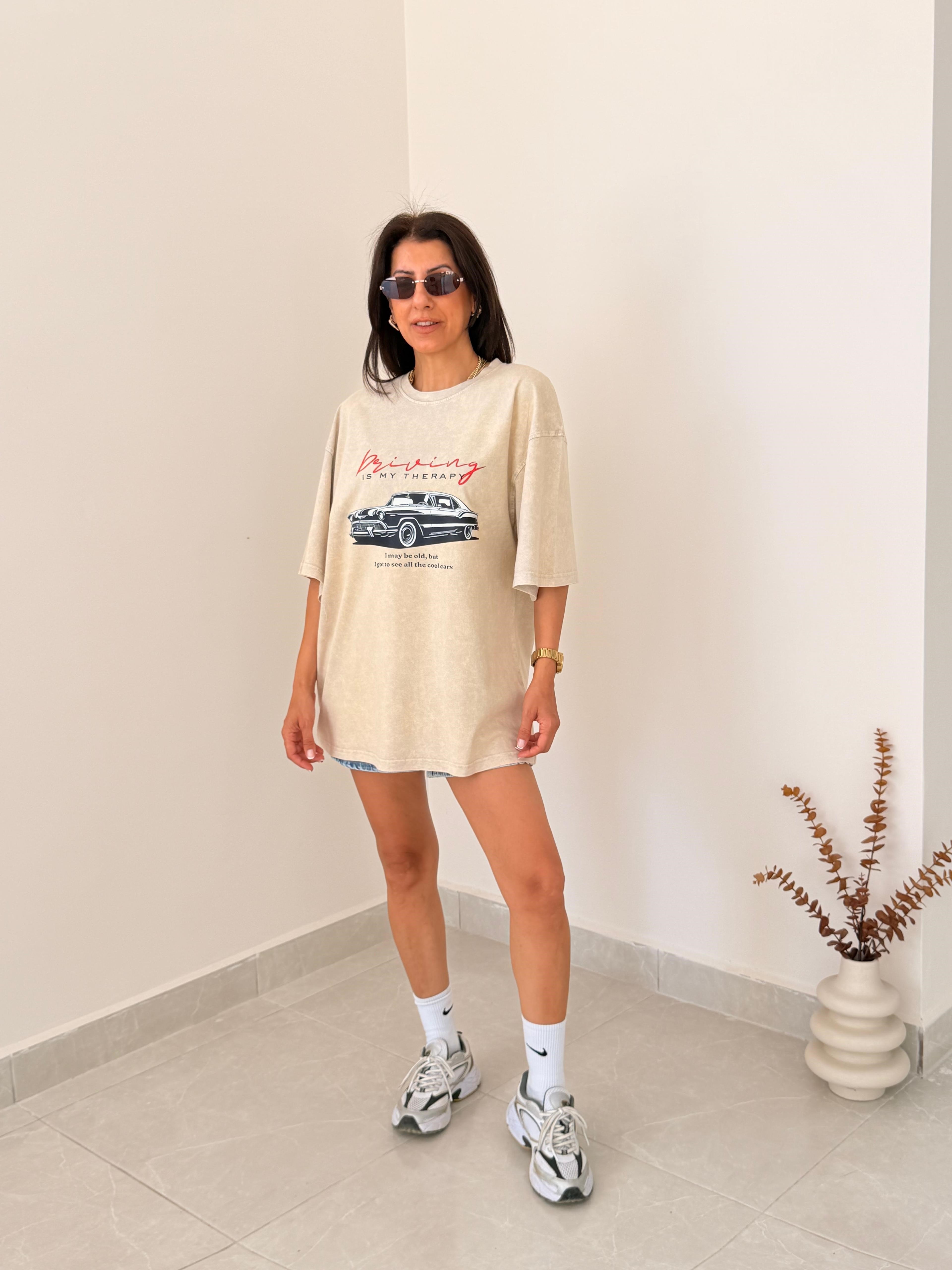 Cool Araba Baskılı Oversize Tişört Eskitme Taş