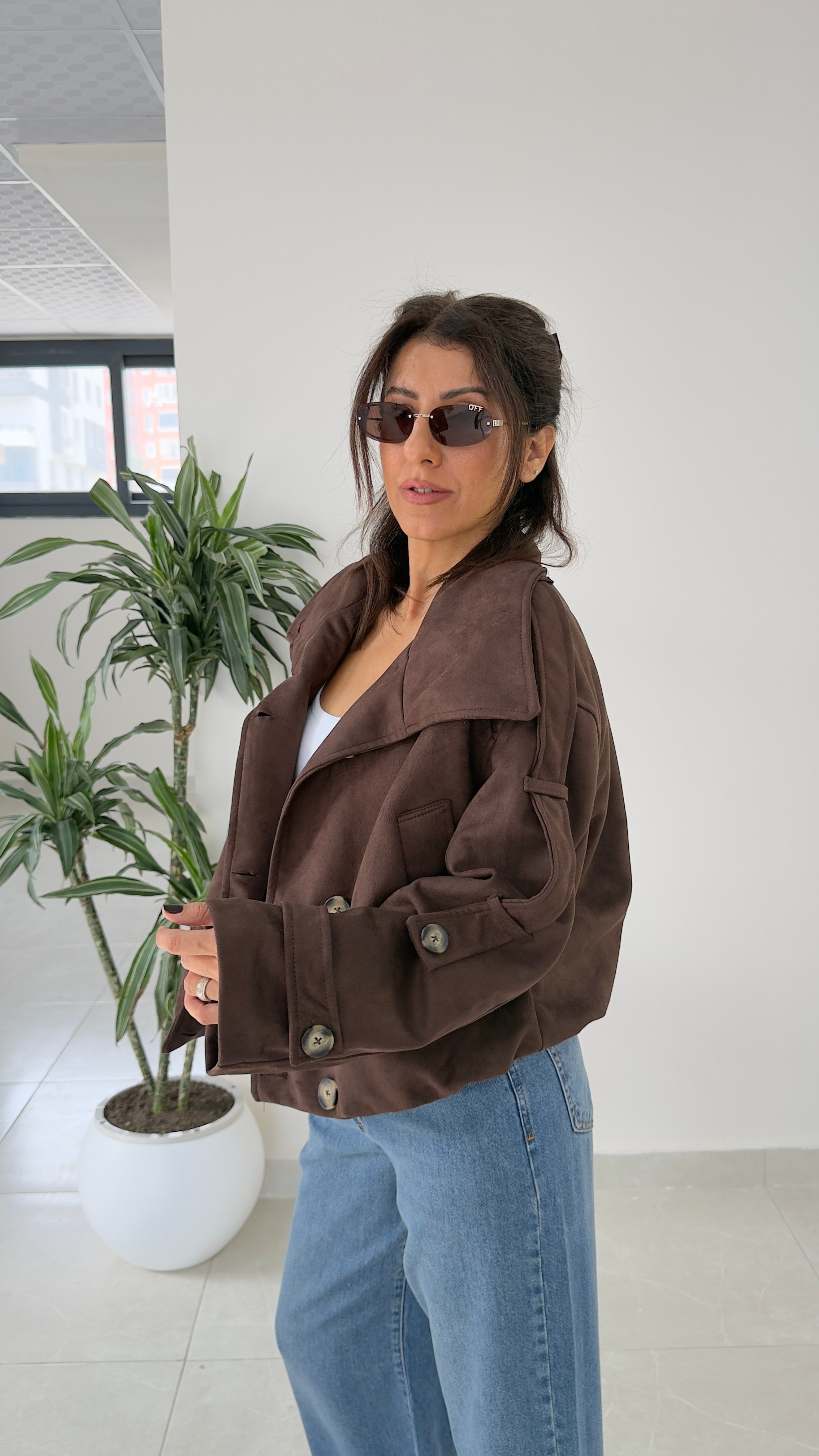 Dik Yaka Süet Oversize Ceket Kahve 