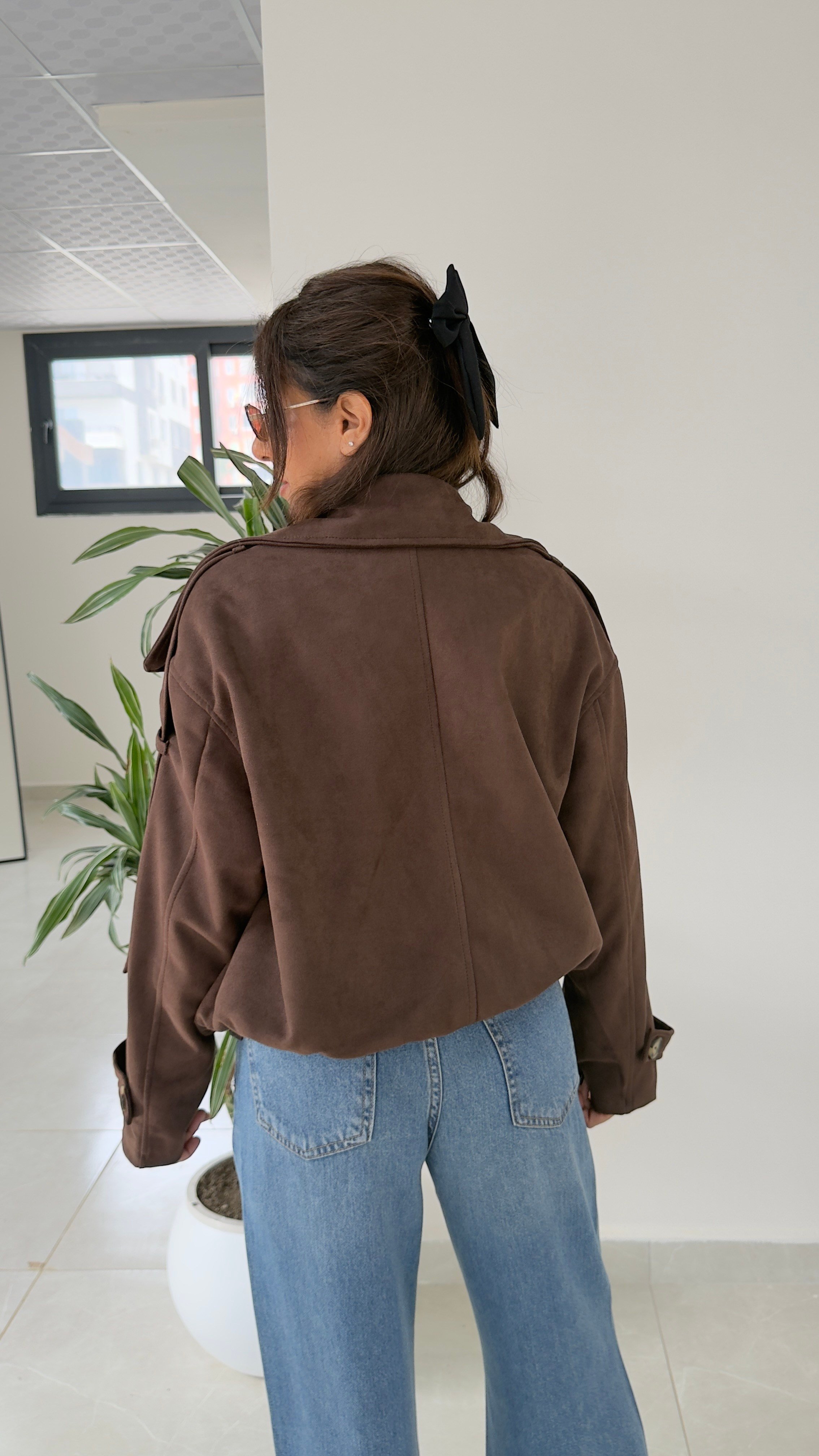 Dik Yaka Süet Oversize Ceket Kahve 