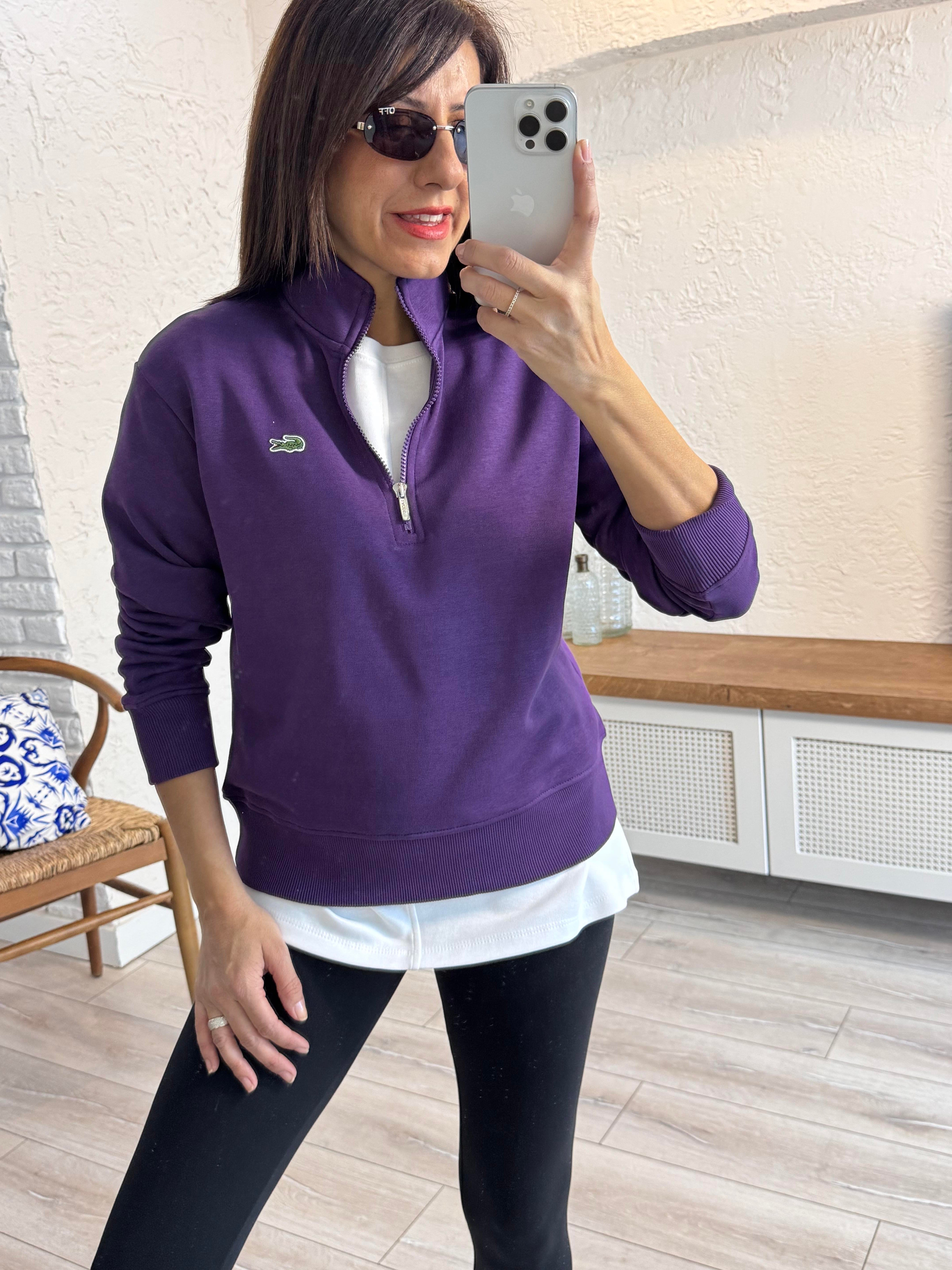 Dik yakalı Yarım Fermuarlı Sweat Mor