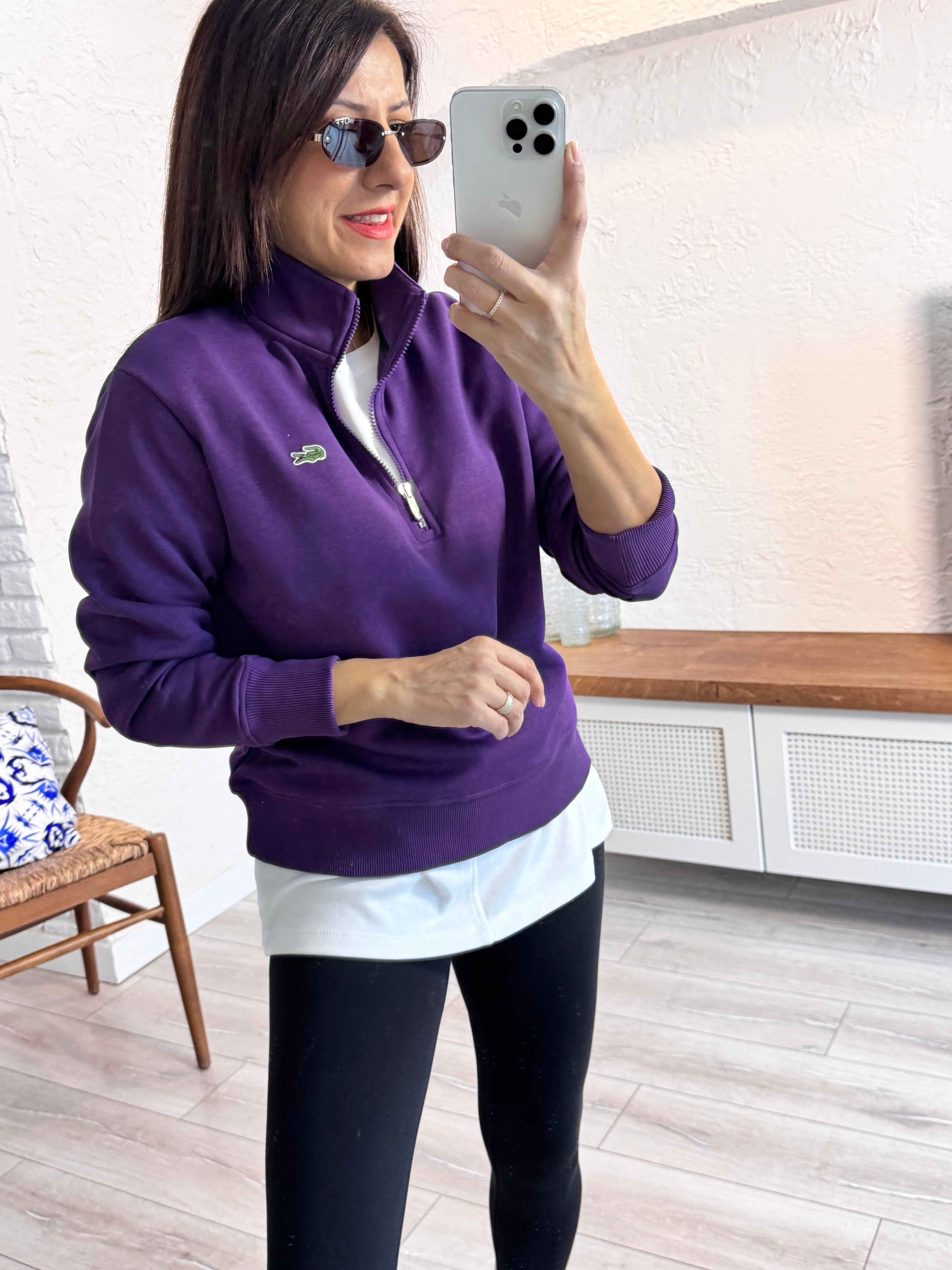 Dik yakalı Yarım Fermuarlı Sweat Mor