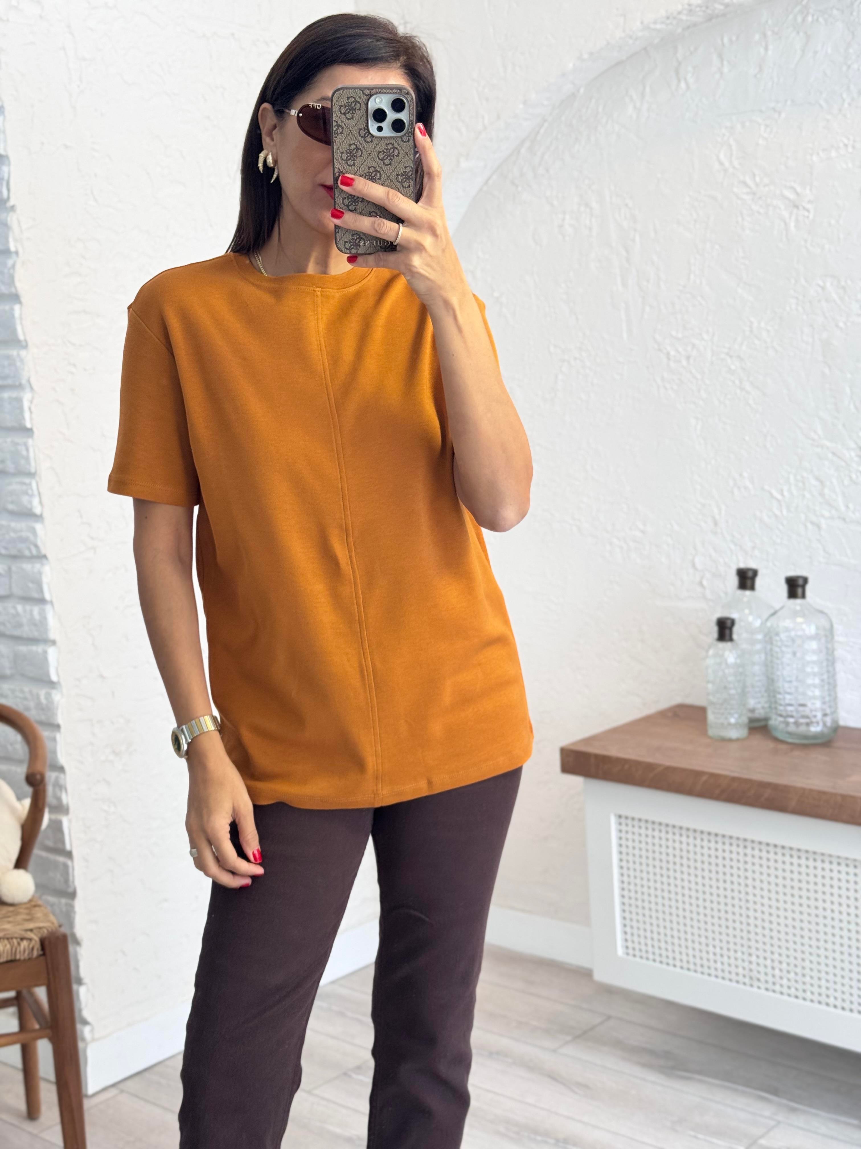 Dikiş Detaylı Tshirt Açık Kiremit