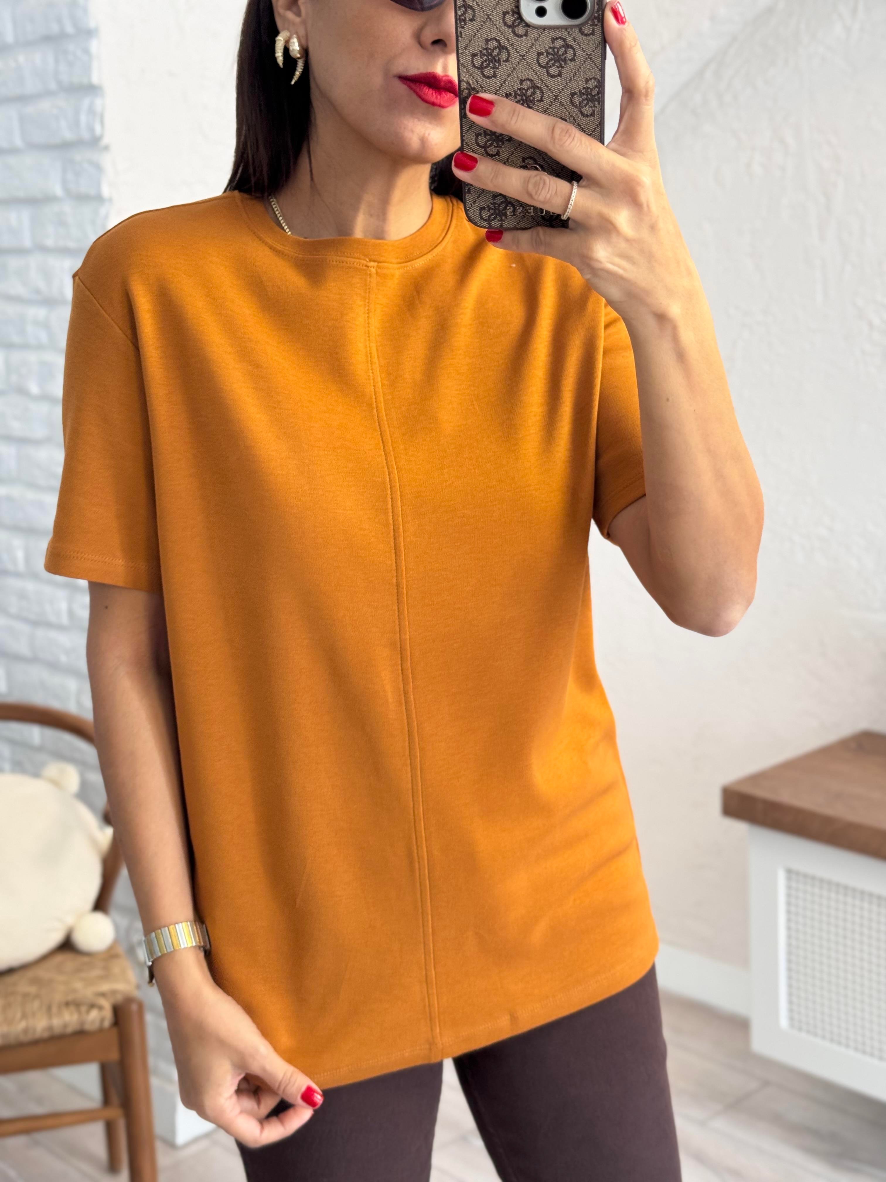 Dikiş Detaylı Tshirt Açık Kiremit