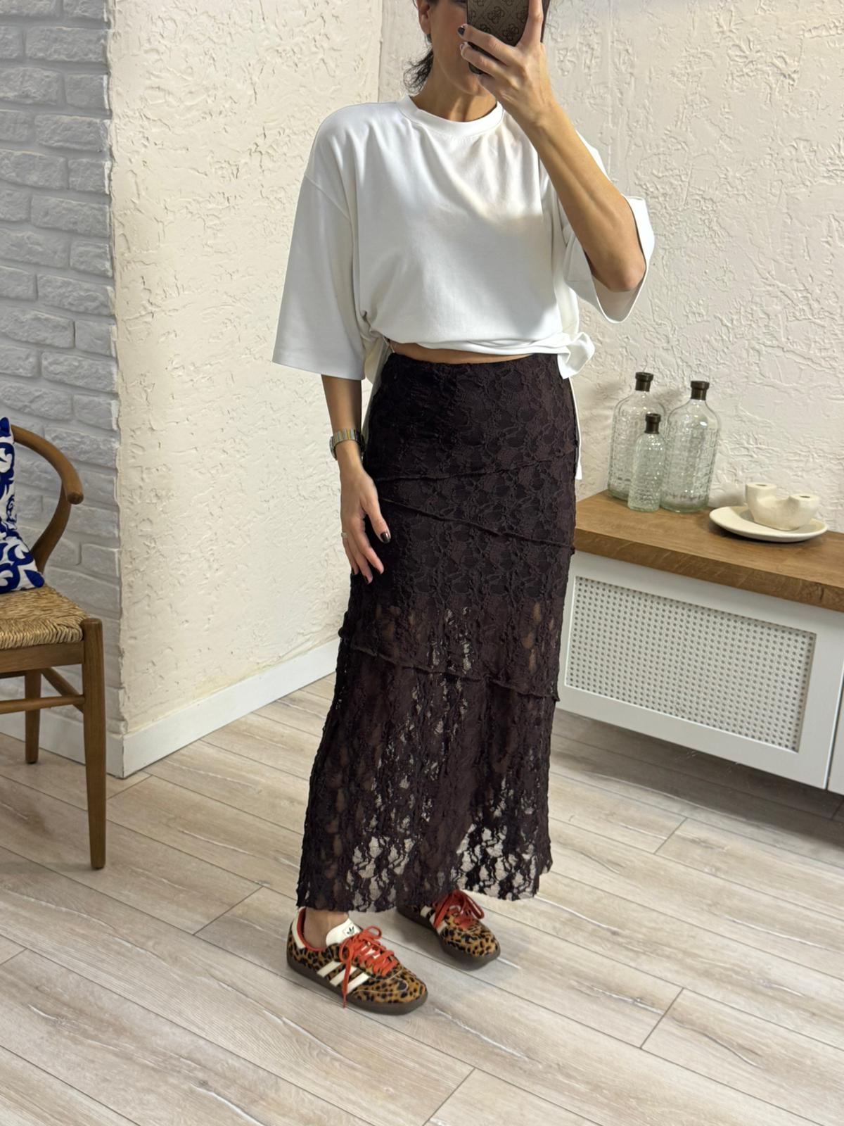 Dikiş Detaylı Volanlı Dantel Etek Kahve