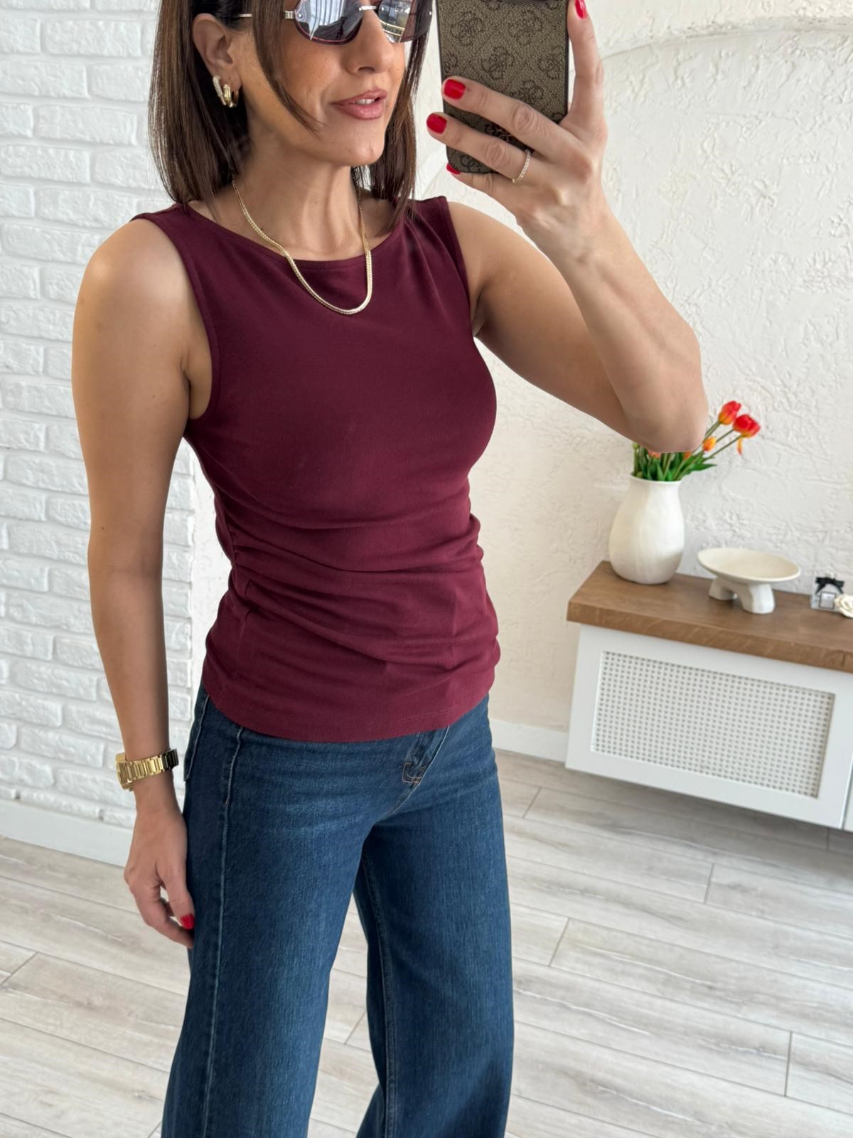 Dilvin Büzgülü Kayık Yaka Crop Top Bordo