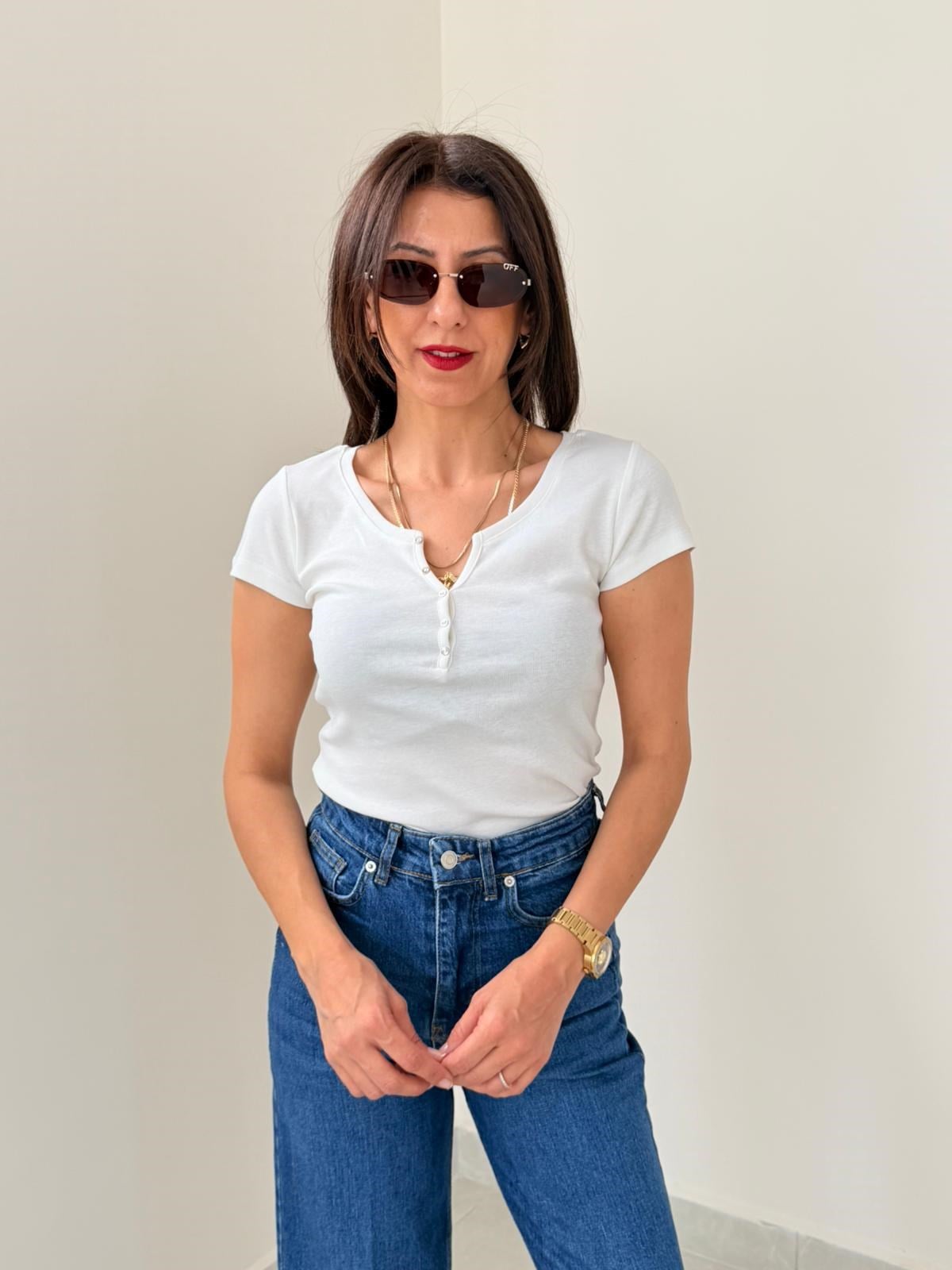 Düğme Detaylı Tshirt Ekru 
