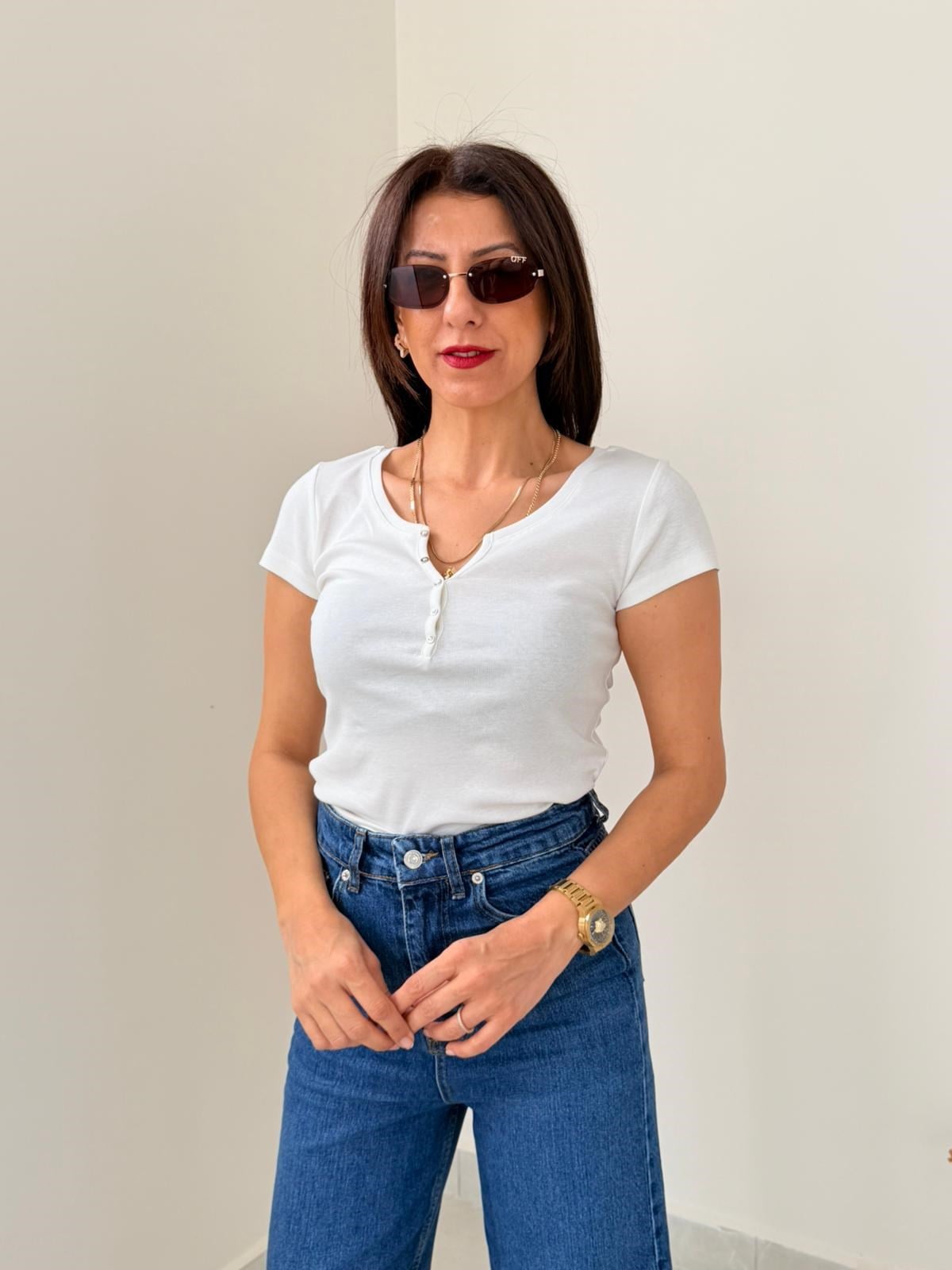 Düğme Detaylı Tshirt Ekru 