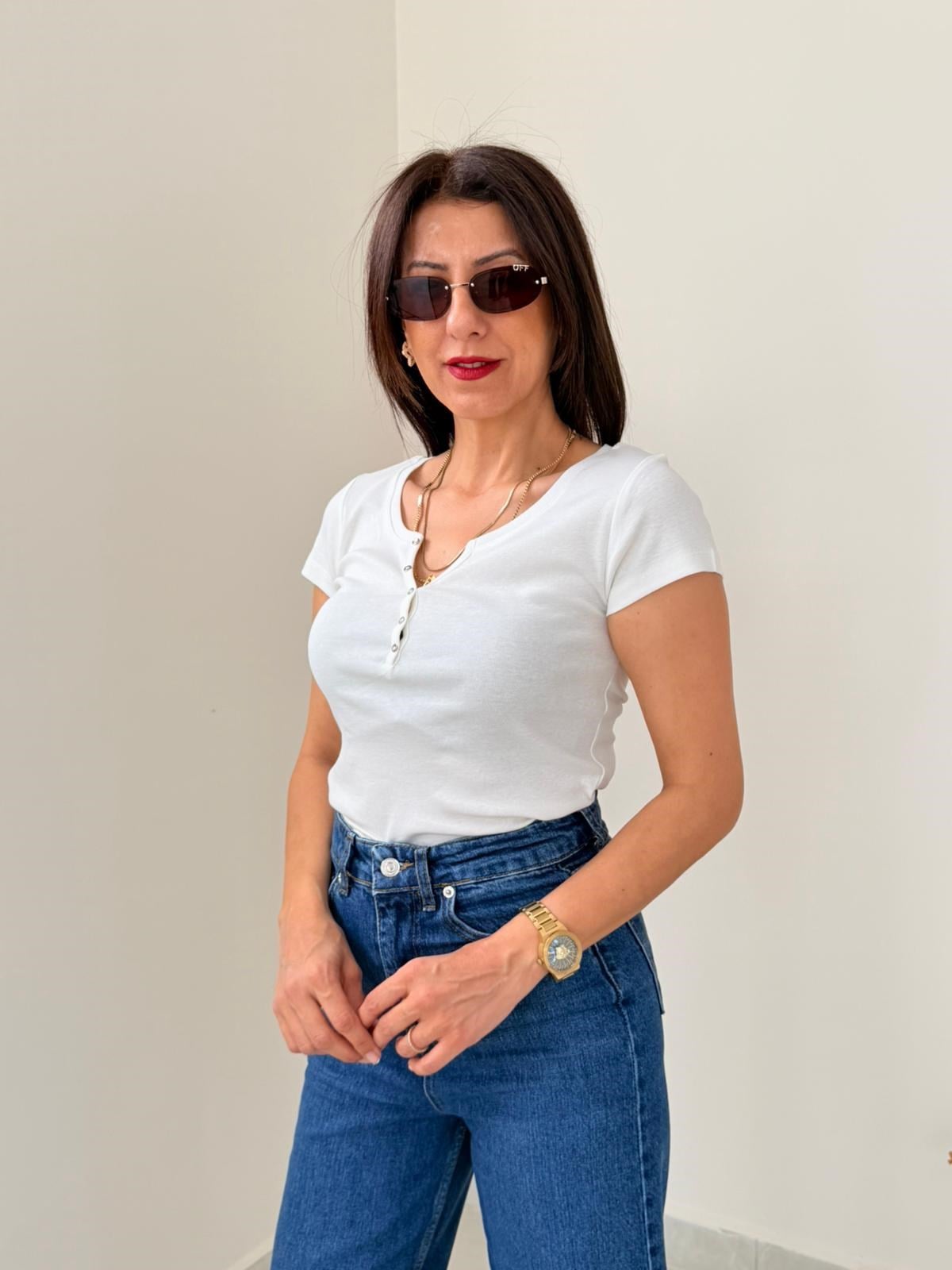 Düğme Detaylı Tshirt Ekru 