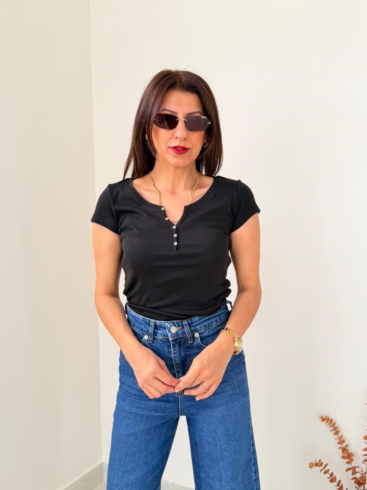 Düğme Detaylı Tshirt Siyah 